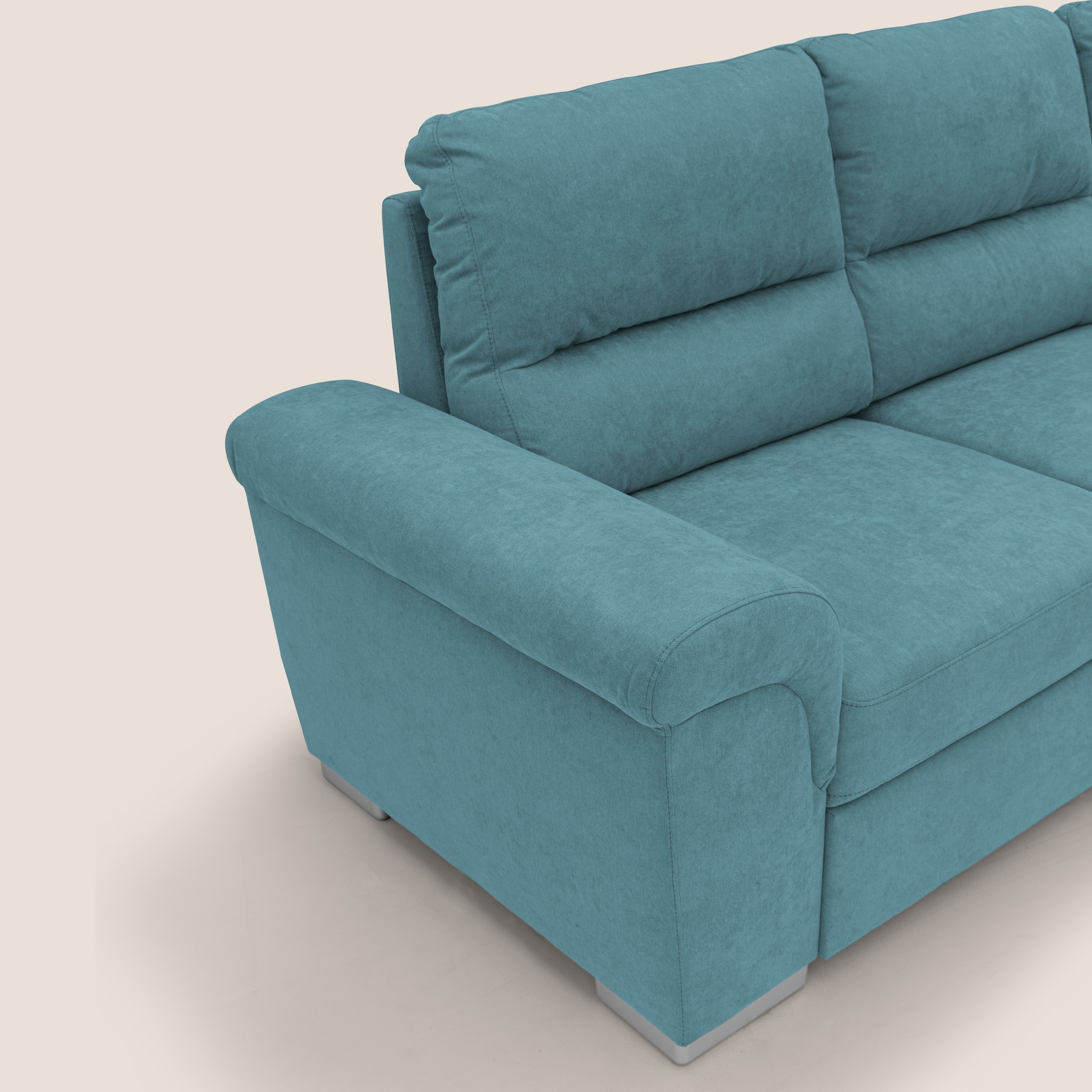 Minerva divano angolare con estraibile a cassettone e pouf contenitore in tessuto morbido impermeabile T02 azzurro - divani.store