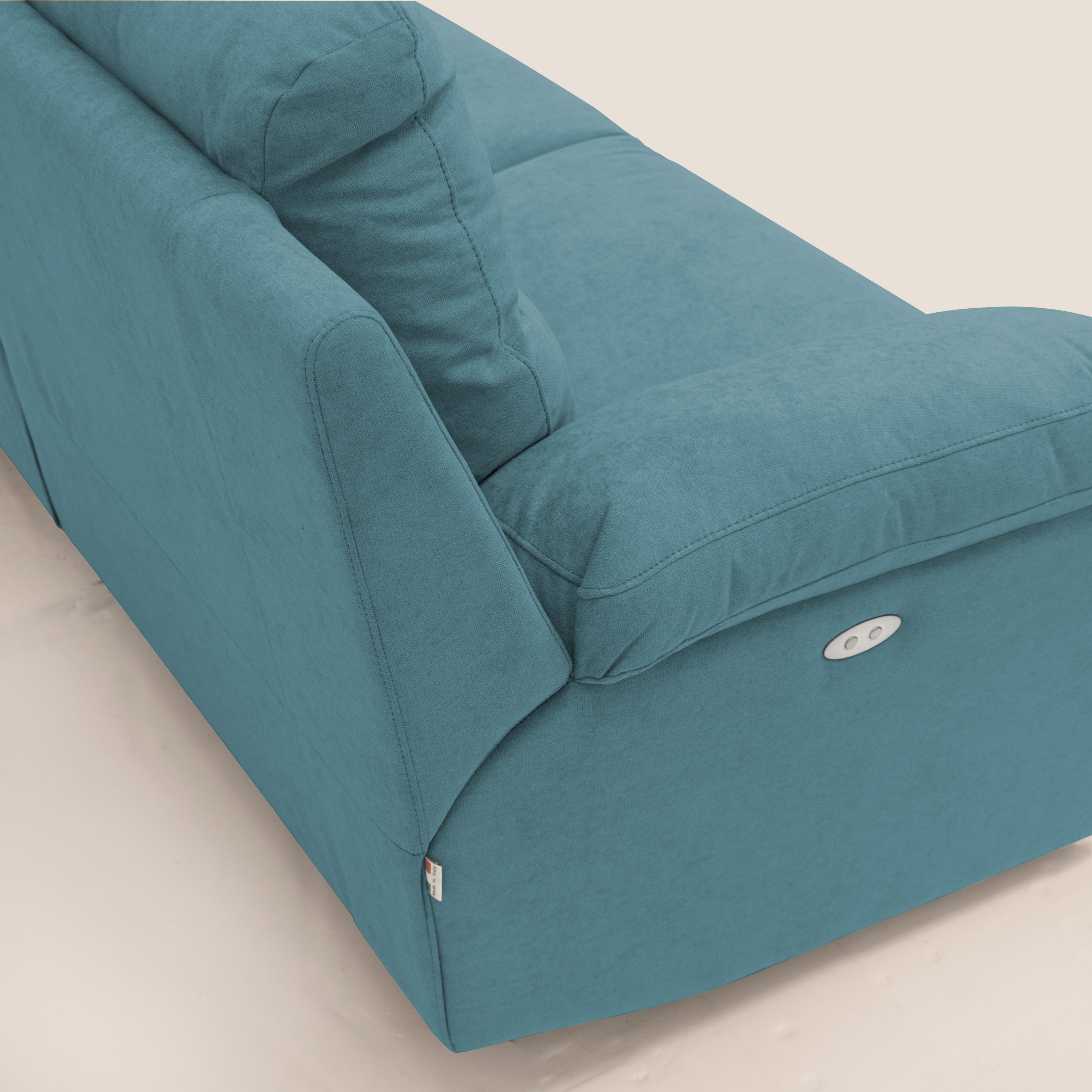 Romeo Divano relax con recliner elettrico in morbido tessuto impermeabile T02 azzurro - divani.store