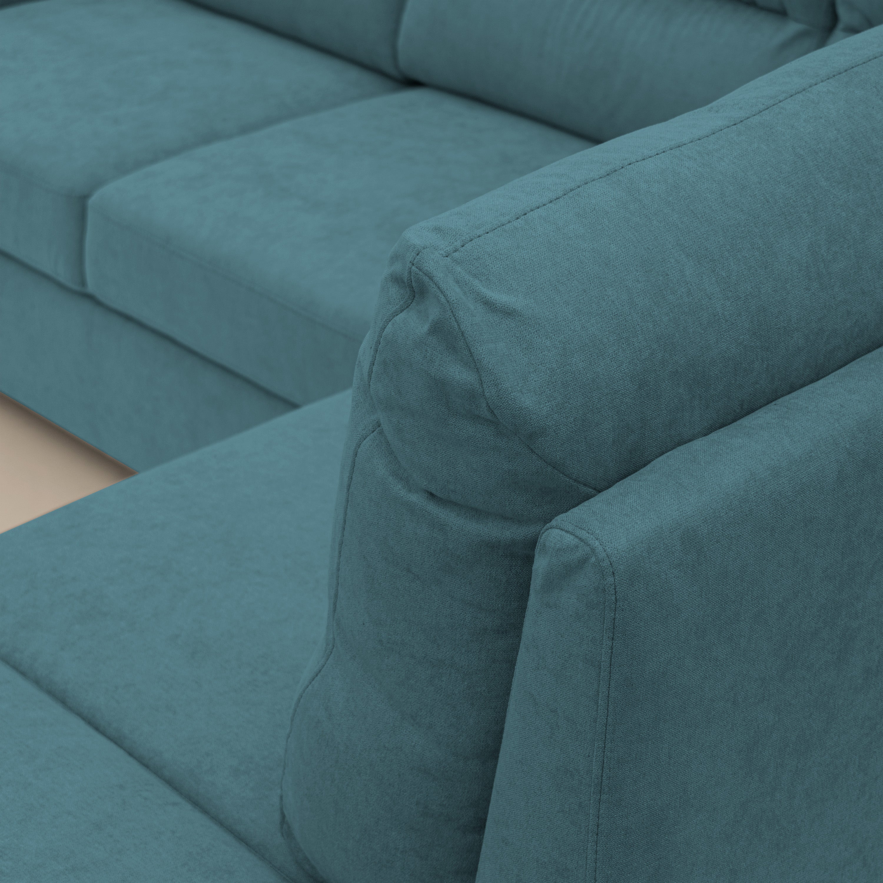 Minerva divano angolare con estraibile a cassettone e pouf contenitore in tessuto morbido impermeabile T02 azzurro - divani.store