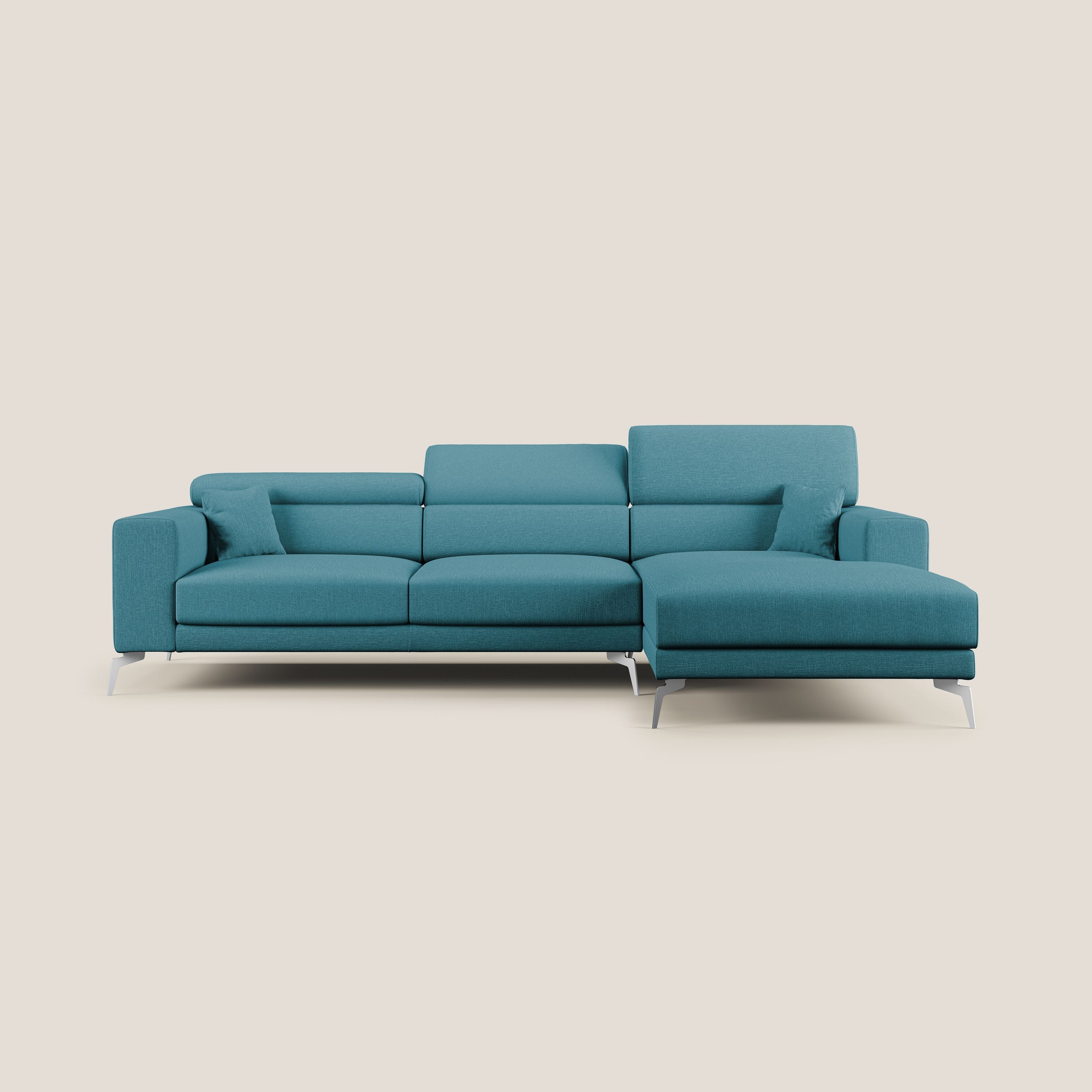 Blade Divano moderno angolare con poggiatesta reclinabili in tessuto impermeabile simil-cotone T13 azzurro - divani.store