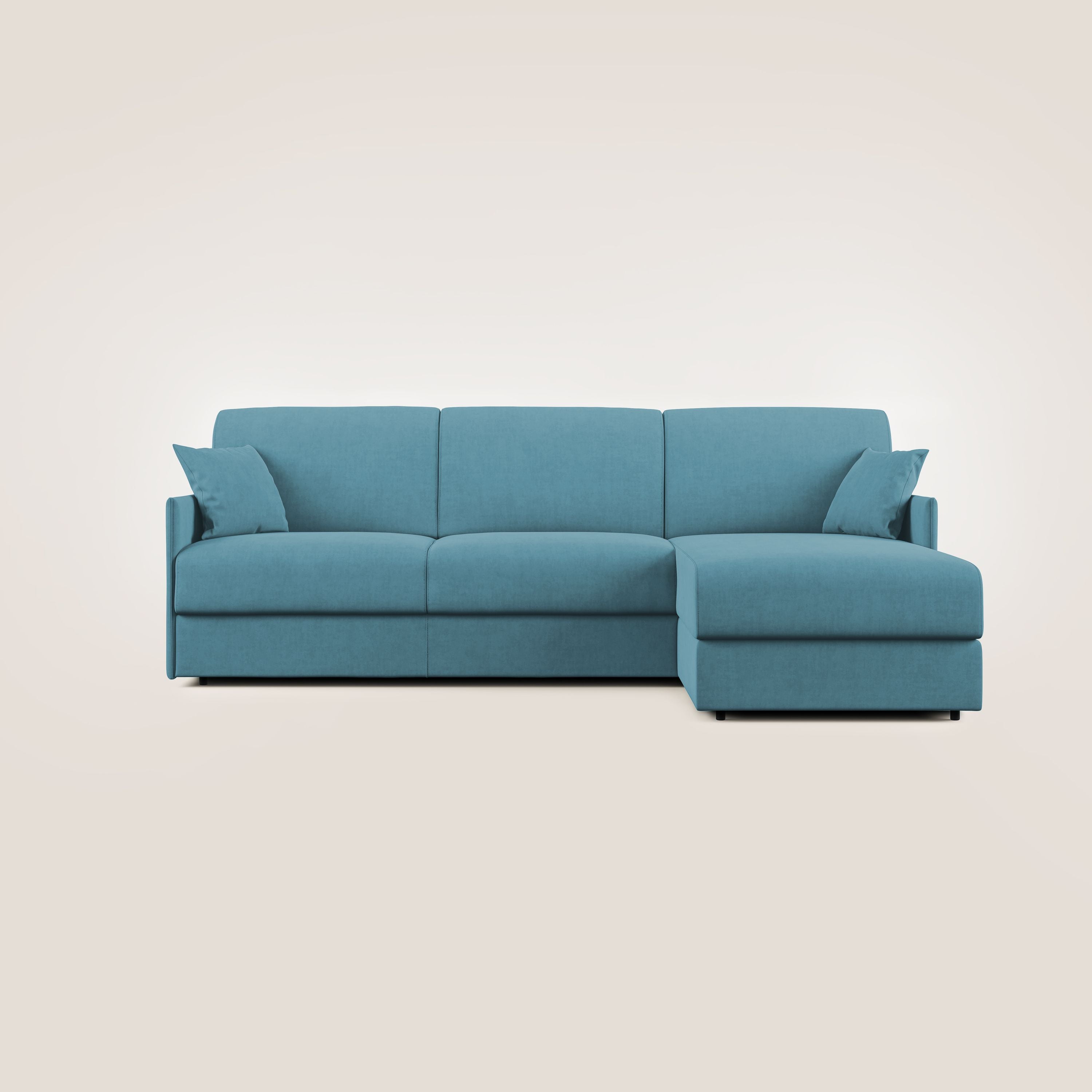 Evans Divano letto angolare con penisola in morbido tessuto impermeabile T02 azzurro - divani.store