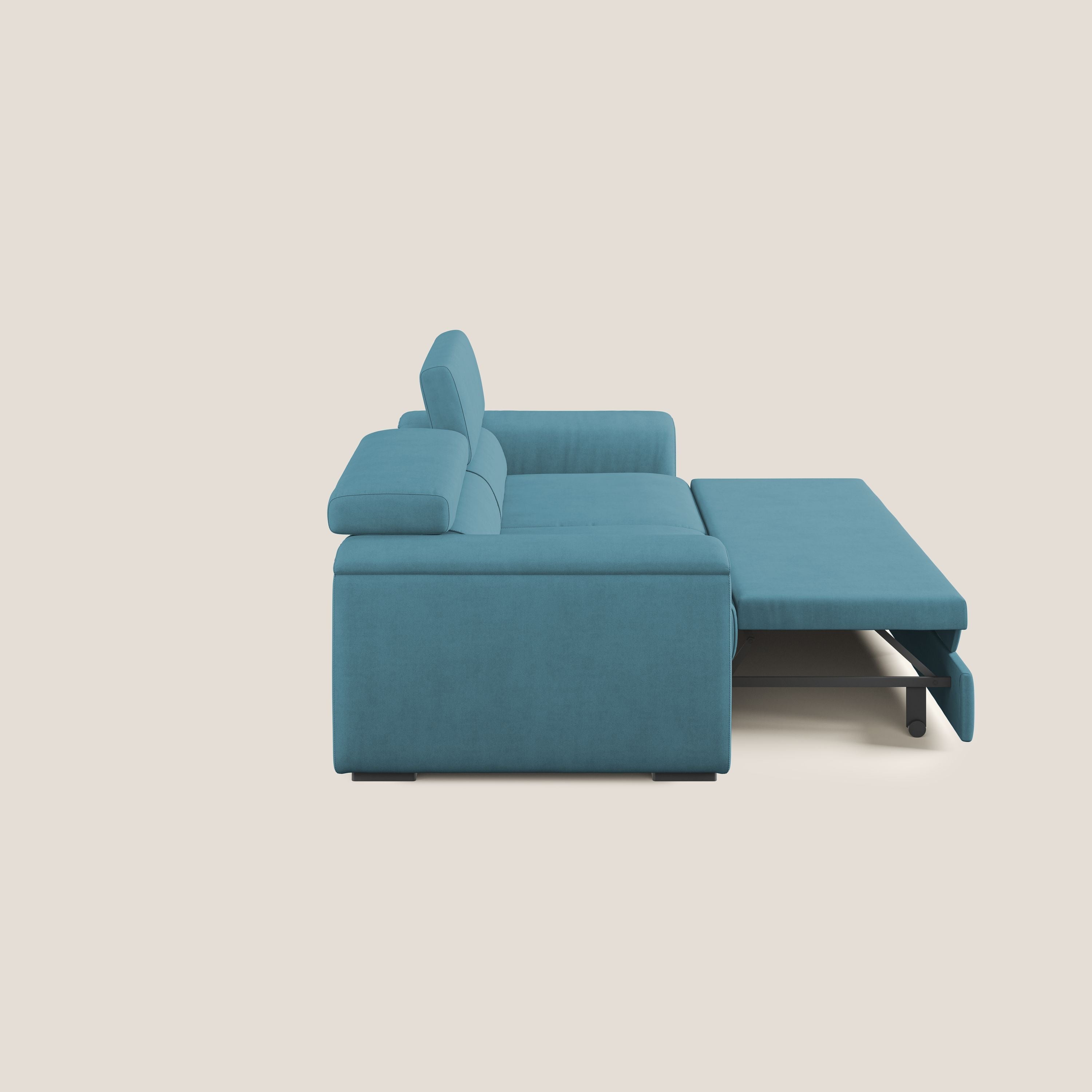 Zeno Divano con pouf estraibile poggiapiedi in tessuto morbido impermeabile T02 azzurro - divani.store