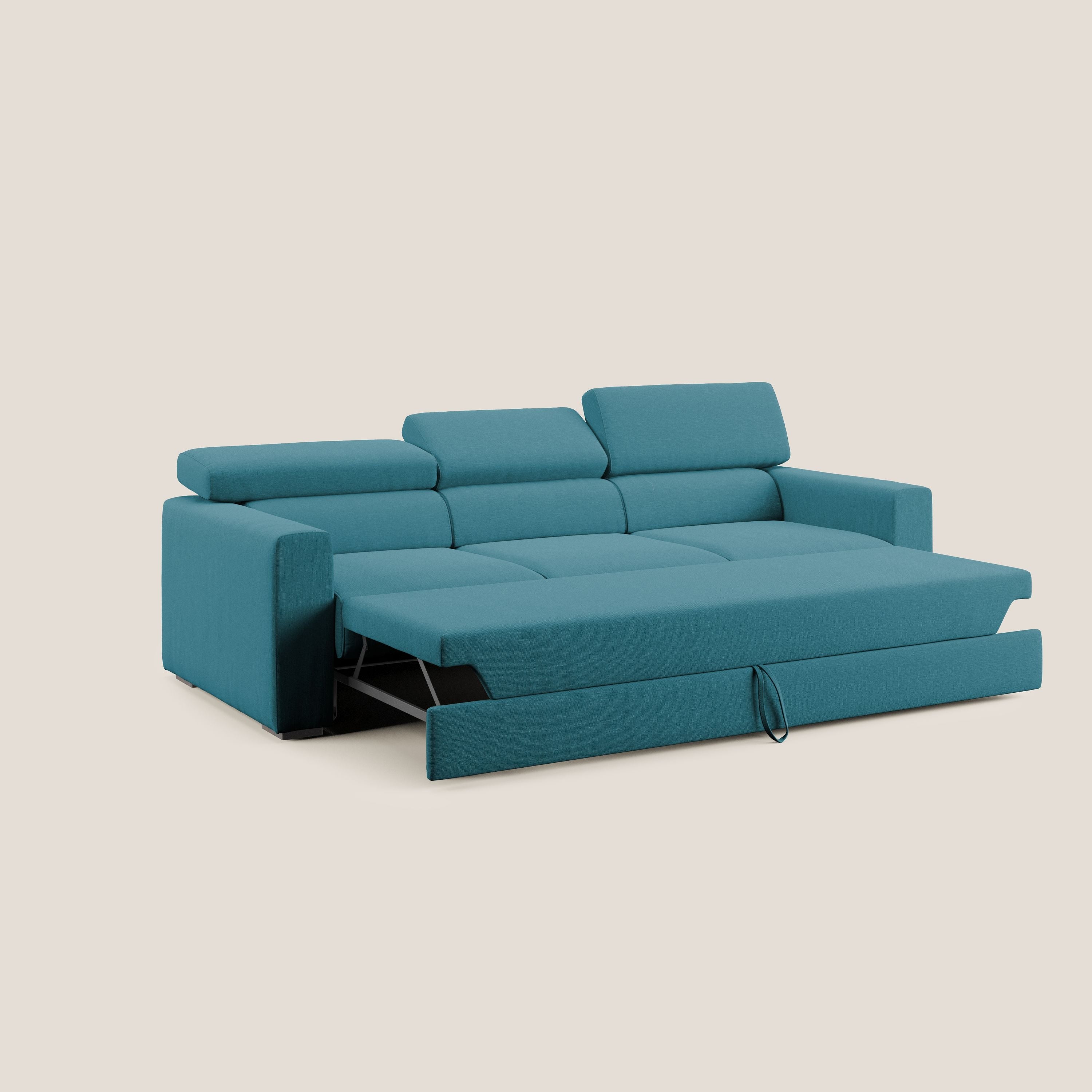 Dylan divano a 3 sedute con pouf estraibile poggiapiedi in tessuto simil cotone impermeabile T13 azzurro - divani.store