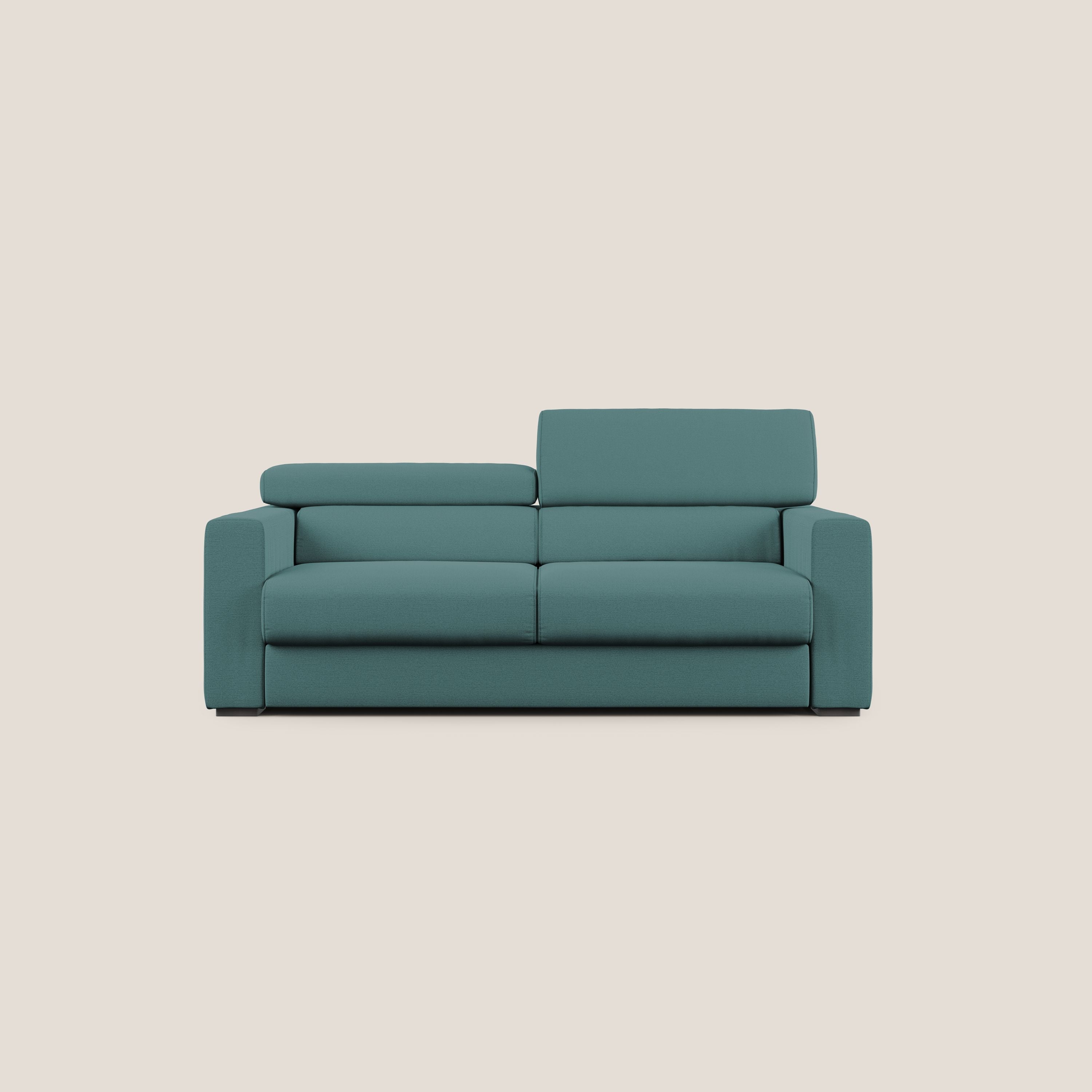 Dylan divano allungabile con pouf estraibile poggiapiedi in tessuto fiammato simil cotone impermeabile T19 petrolio - divani.store