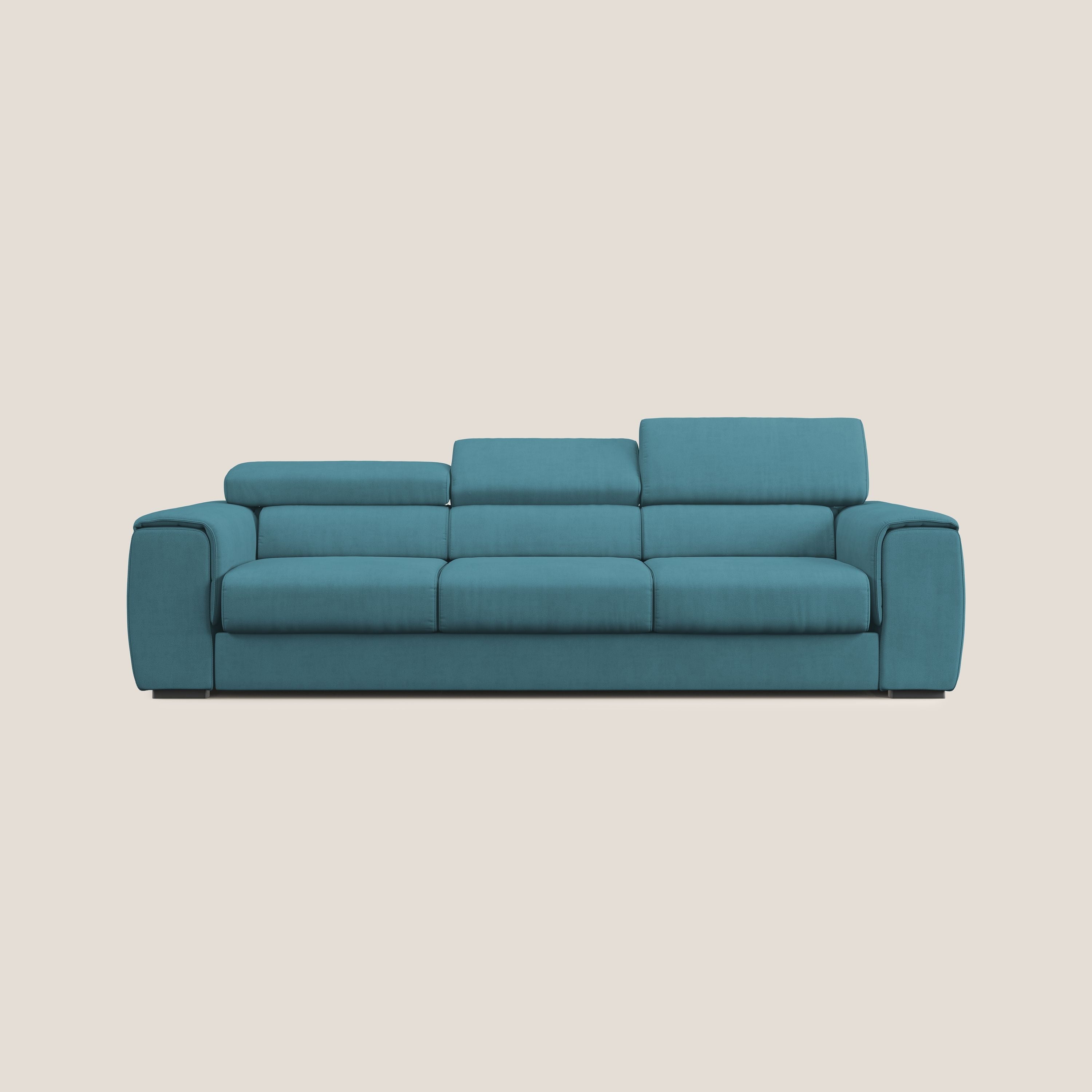Zeno Divano con pouf estraibile poggiapiedi a 3 sedute in tessuto morbido impermeabile T02 azzurro - divani.store