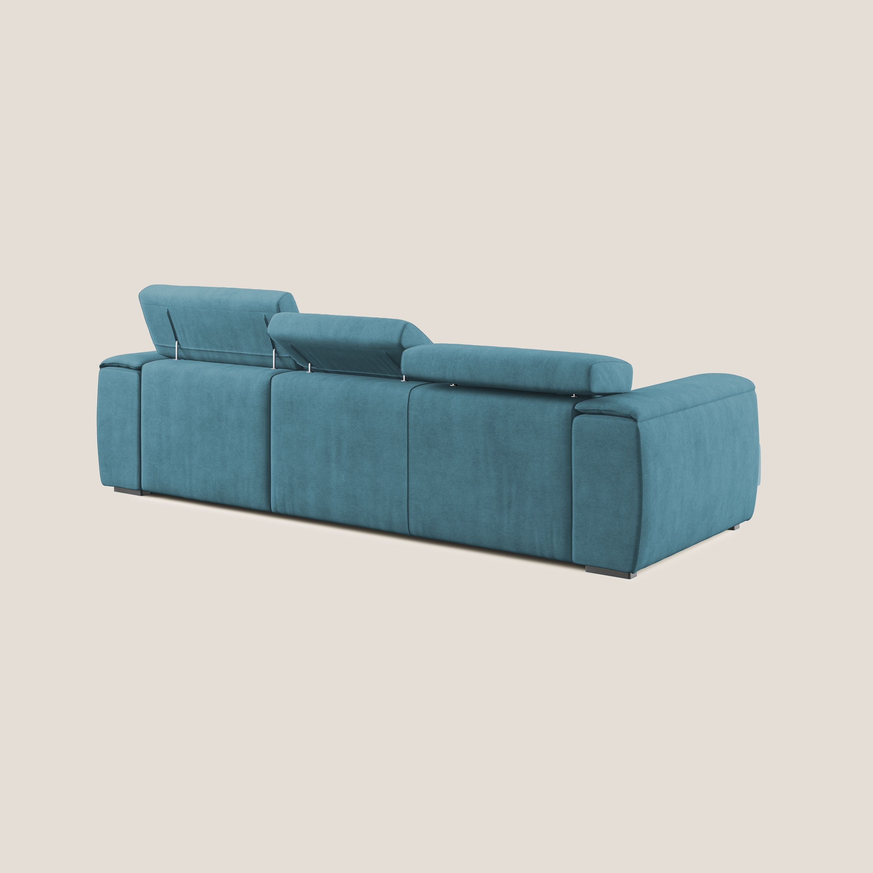 Zeno Divano angolare con pouf estraibile poggiapiedi in tessuto morbido impermeabile T02 azzurro - divani.store