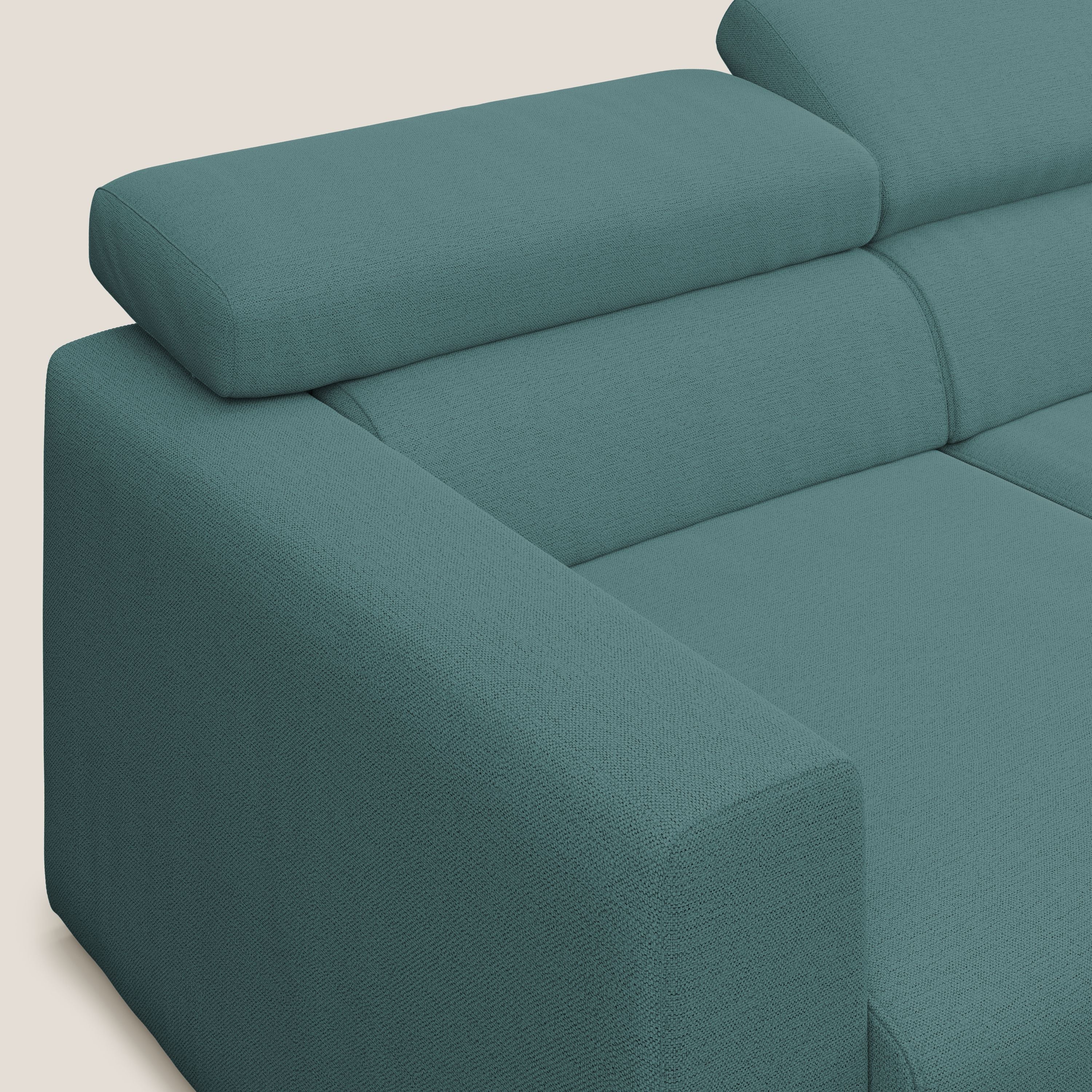 Dylan divano a 3 sedute con pouf estraibile poggiapiedi in tessuto fiammato simil cotone impermeabile T19 petrolio - divani.store