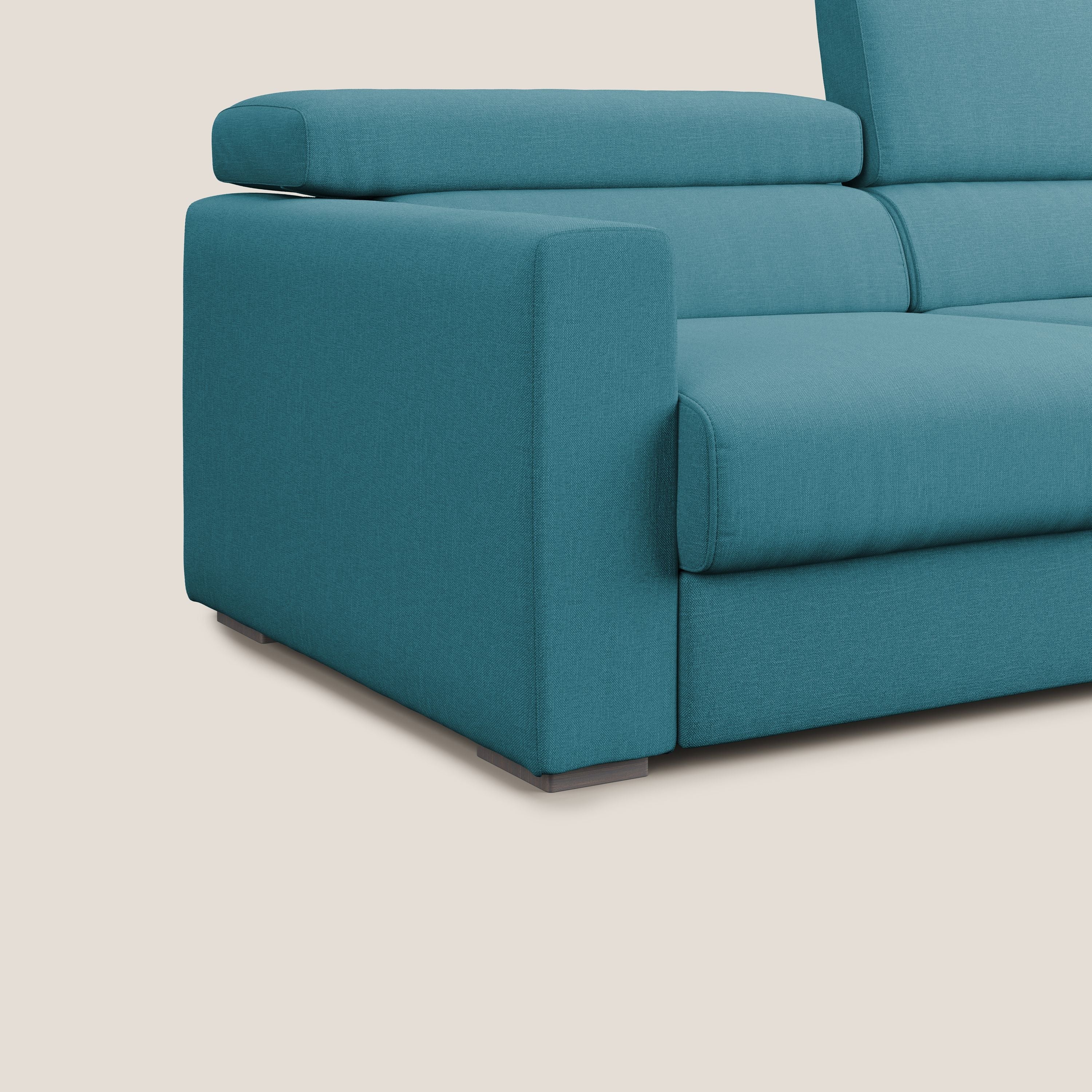 Dylan divano allungabile con pouf estraibile poggiapiedi in tessuto simil cotone impermeabile T13 azzurro - divani.store