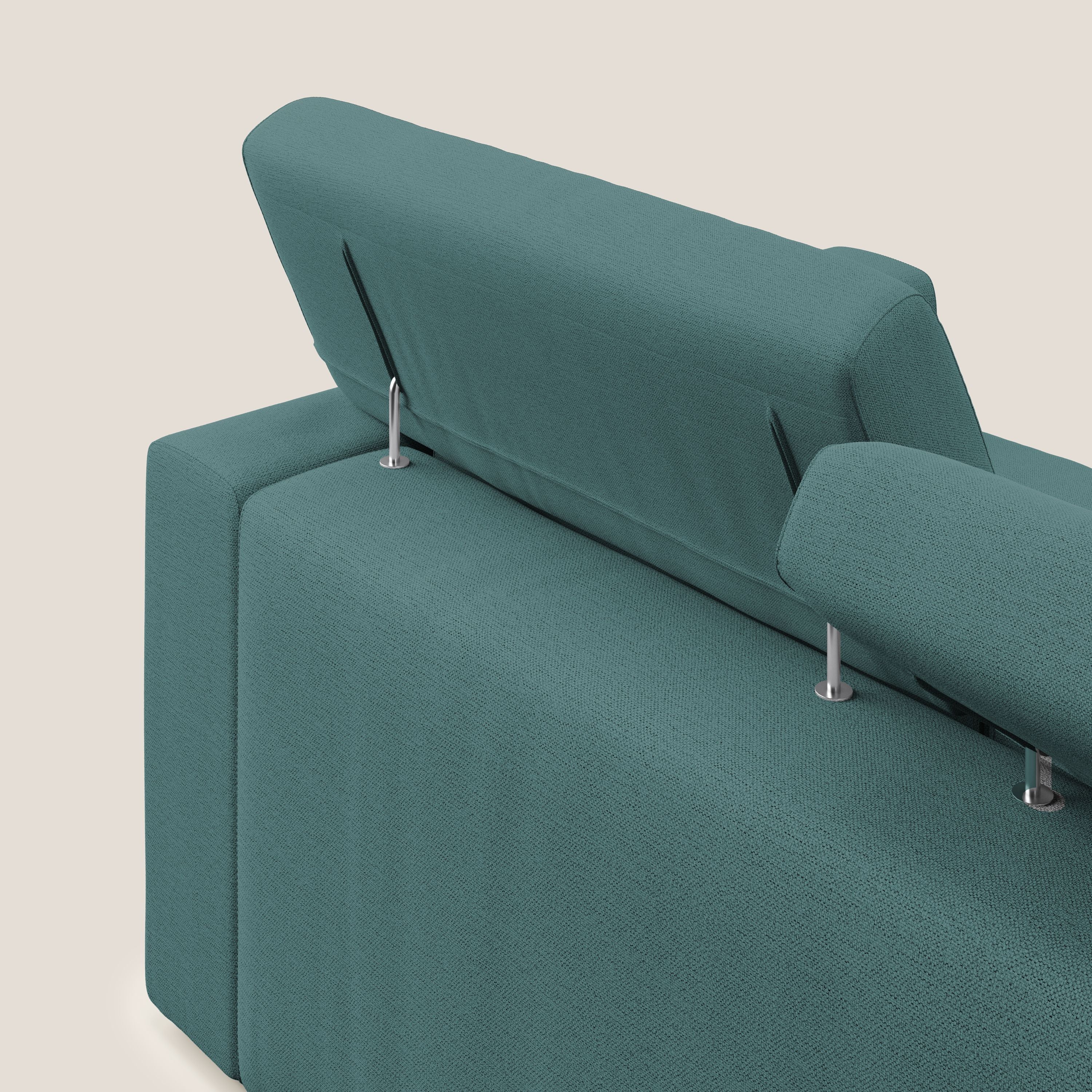 Dylan divano a 3 sedute con pouf estraibile poggiapiedi in tessuto fiammato simil cotone impermeabile T19 petrolio - divani.store