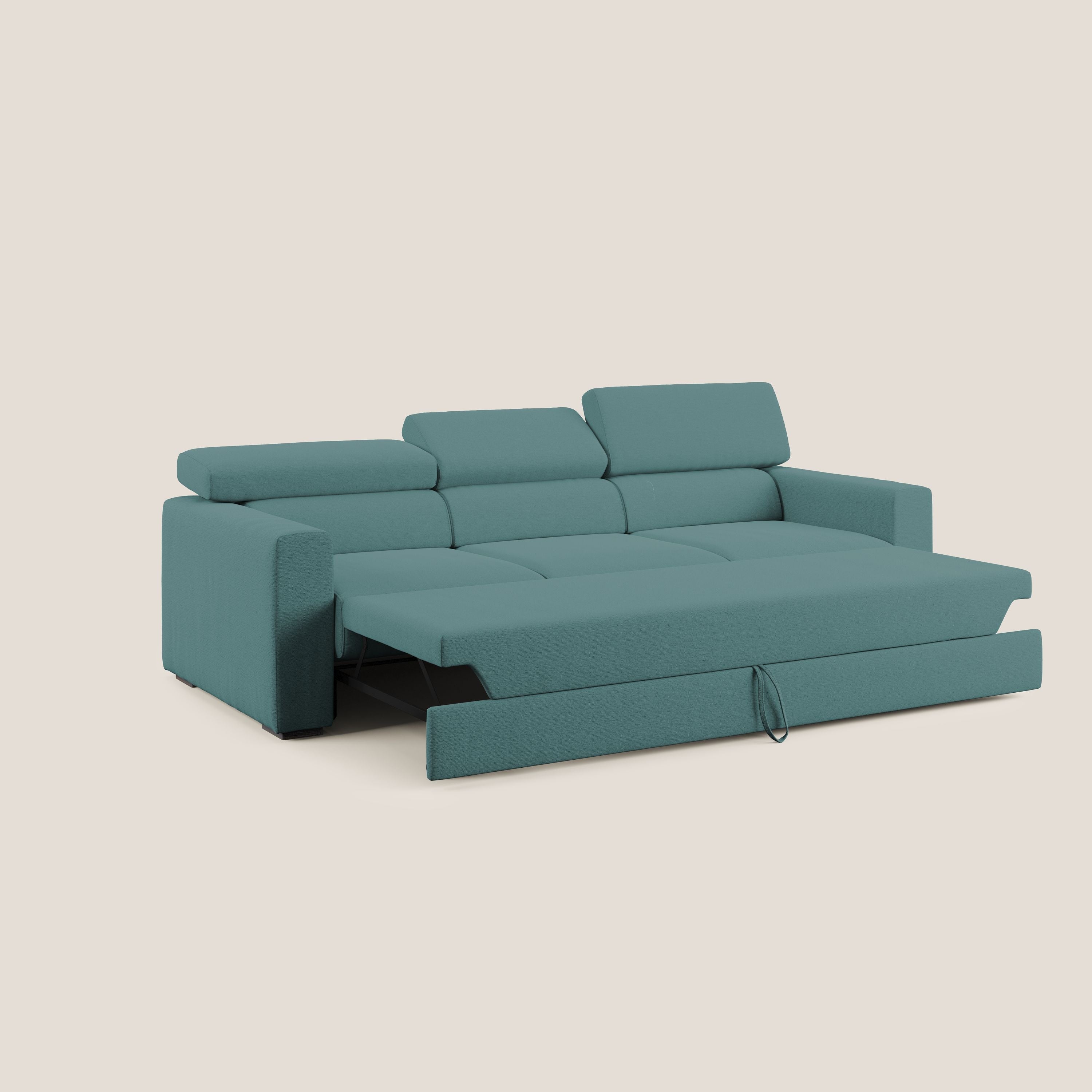 Dylan divano a 3 sedute con pouf estraibile poggiapiedi in tessuto fiammato simil cotone impermeabile T19 petrolio - divani.store