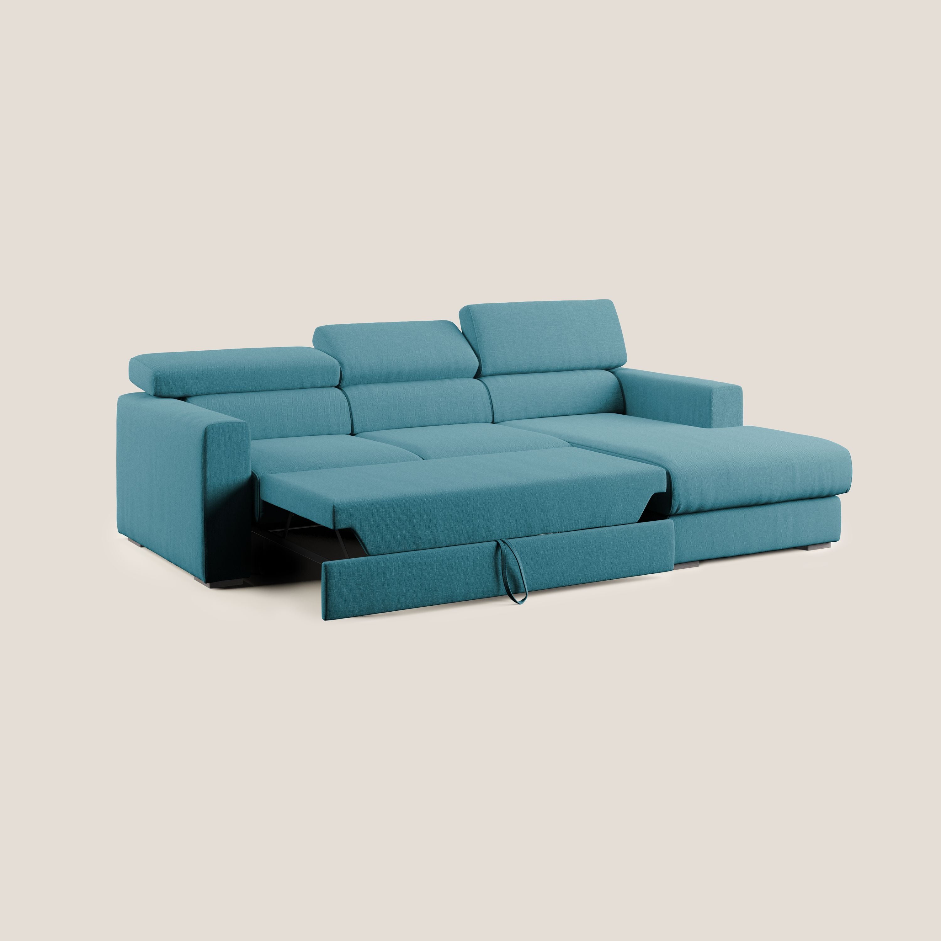 Dylan divano angolare con pouf estraibile poggiapiedi in tessuto simil cotone impermeabile T13 azzurro - divani.store