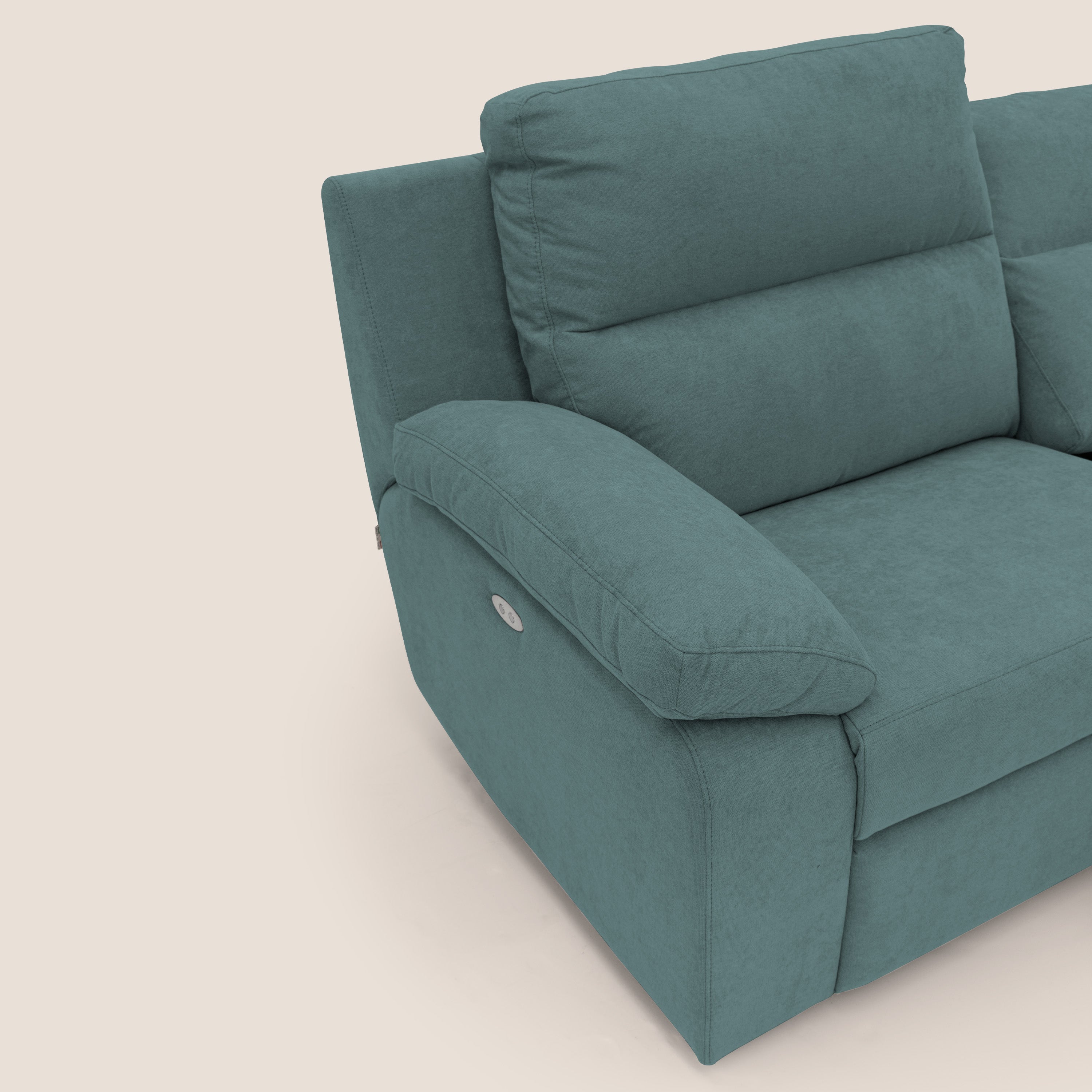 Romeo Divano relax con recliner elettrico in morbido tessuto impermeabile T02 petrolio - divani.store