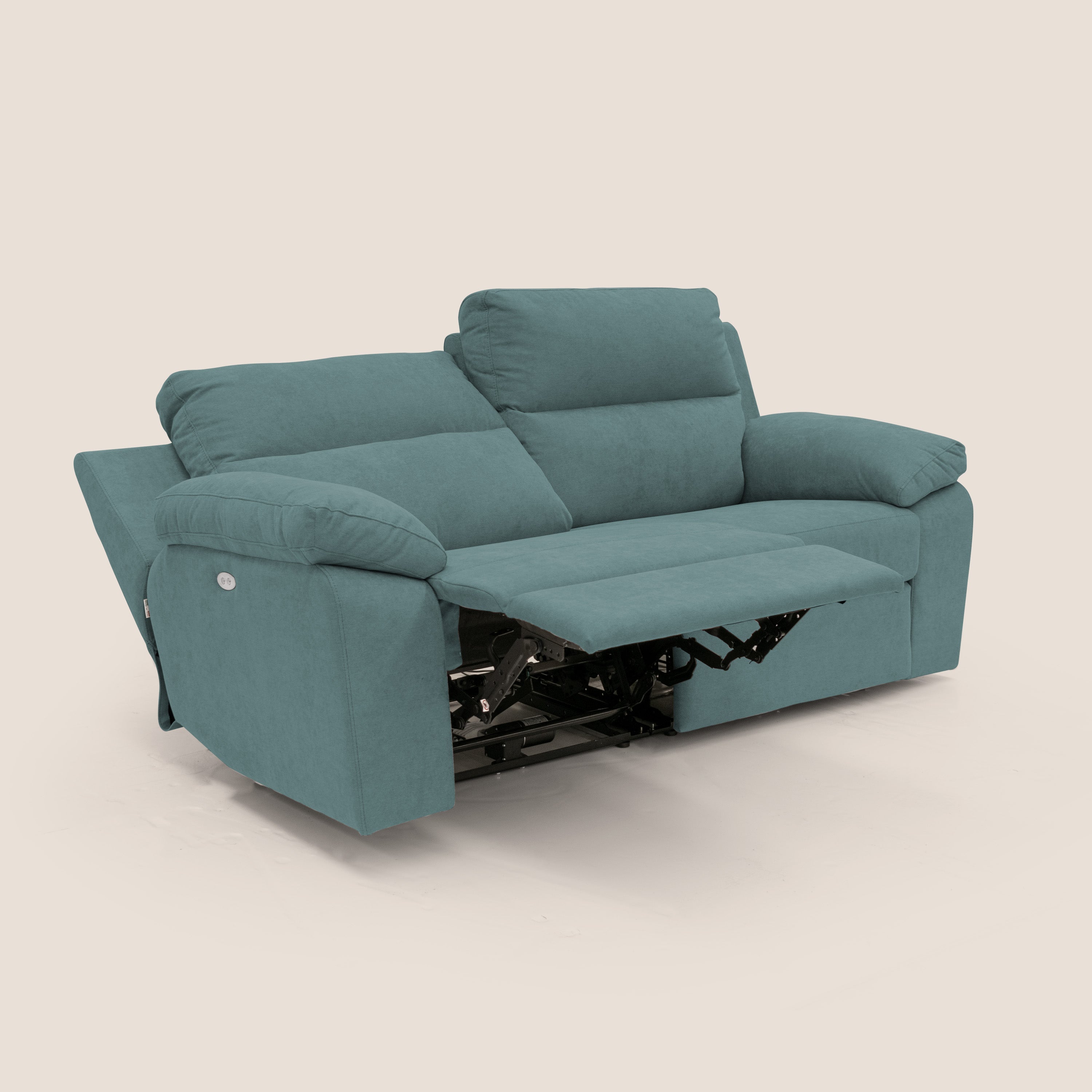 Romeo Divano relax con recliner elettrico in morbido tessuto impermeabile T02 petrolio - divani.store
