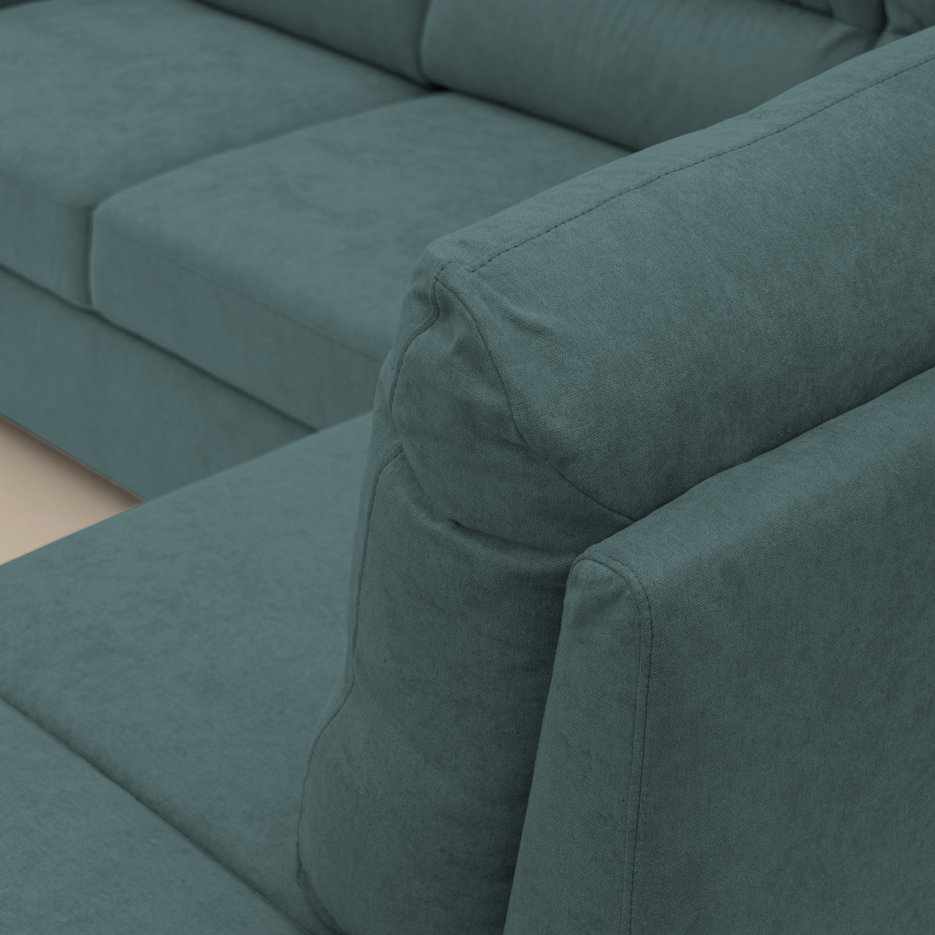 Minerva divano angolare con estraibile a cassettone e pouf contenitore in tessuto morbido impermeabile T02 petrolio - divani.store