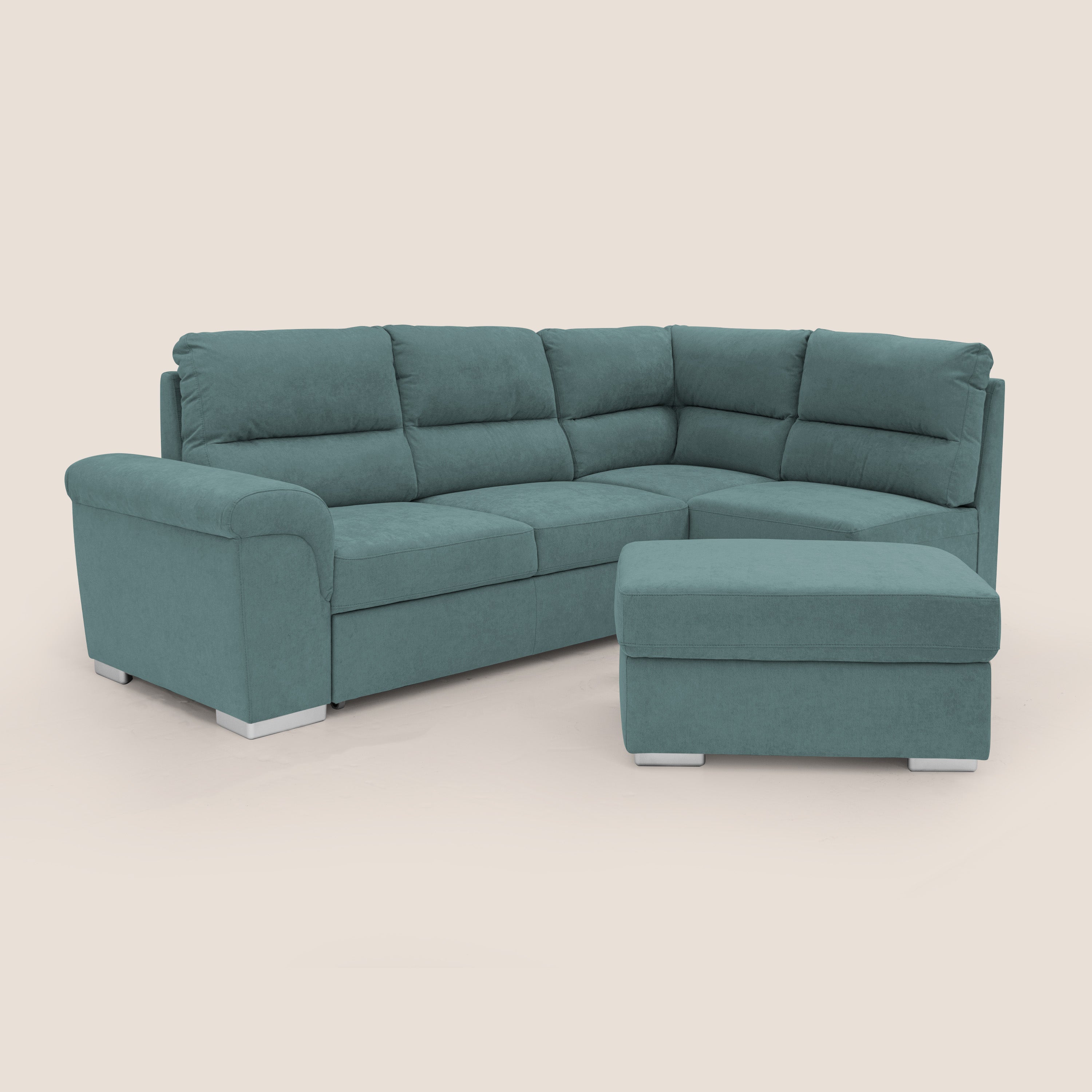 Minerva divano angolare con estraibile a cassettone e pouf contenitore in tessuto morbido impermeabile T02 petrolio - divani.store