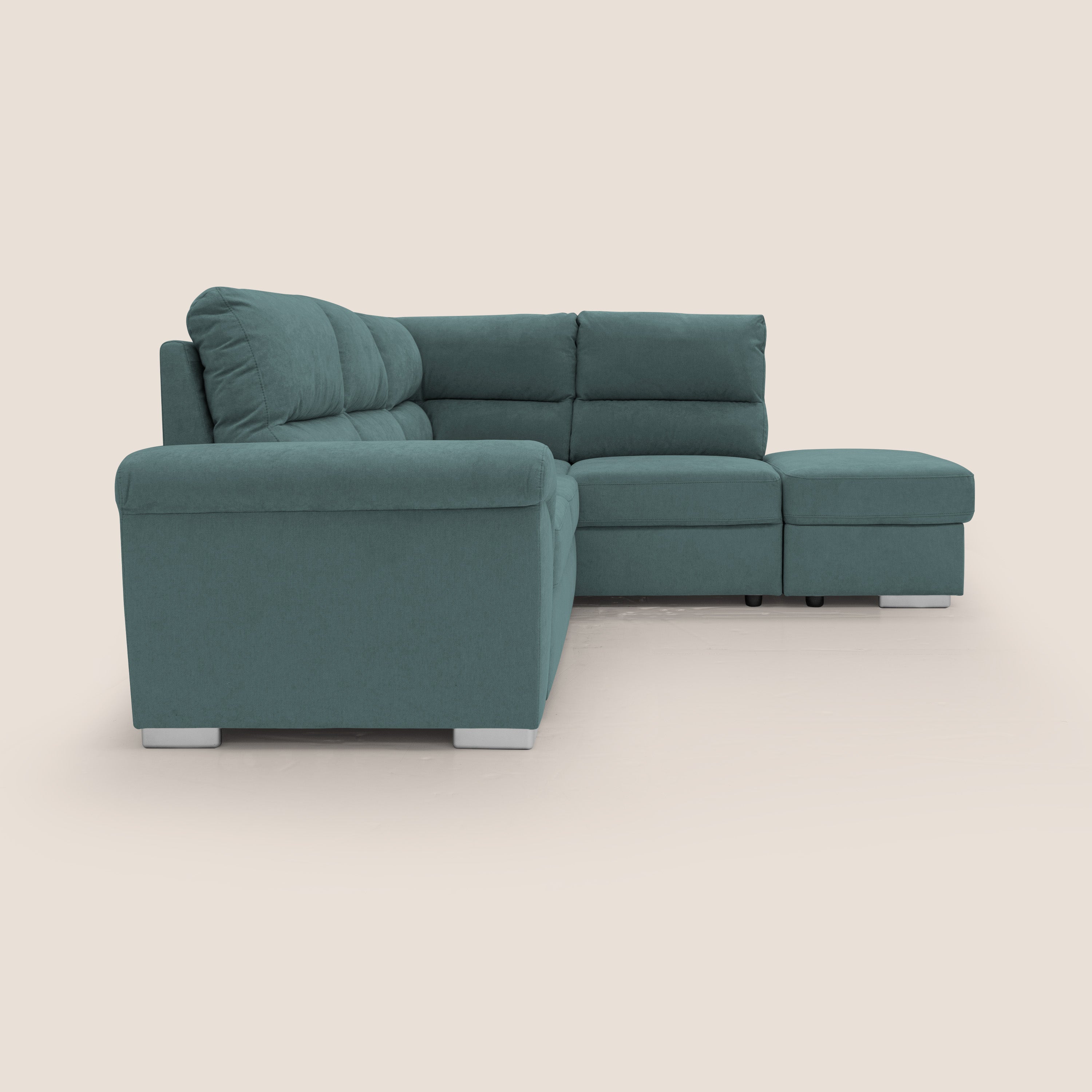 Minerva divano angolare con estraibile a cassettone e pouf contenitore in tessuto morbido impermeabile T02 petrolio - divani.store