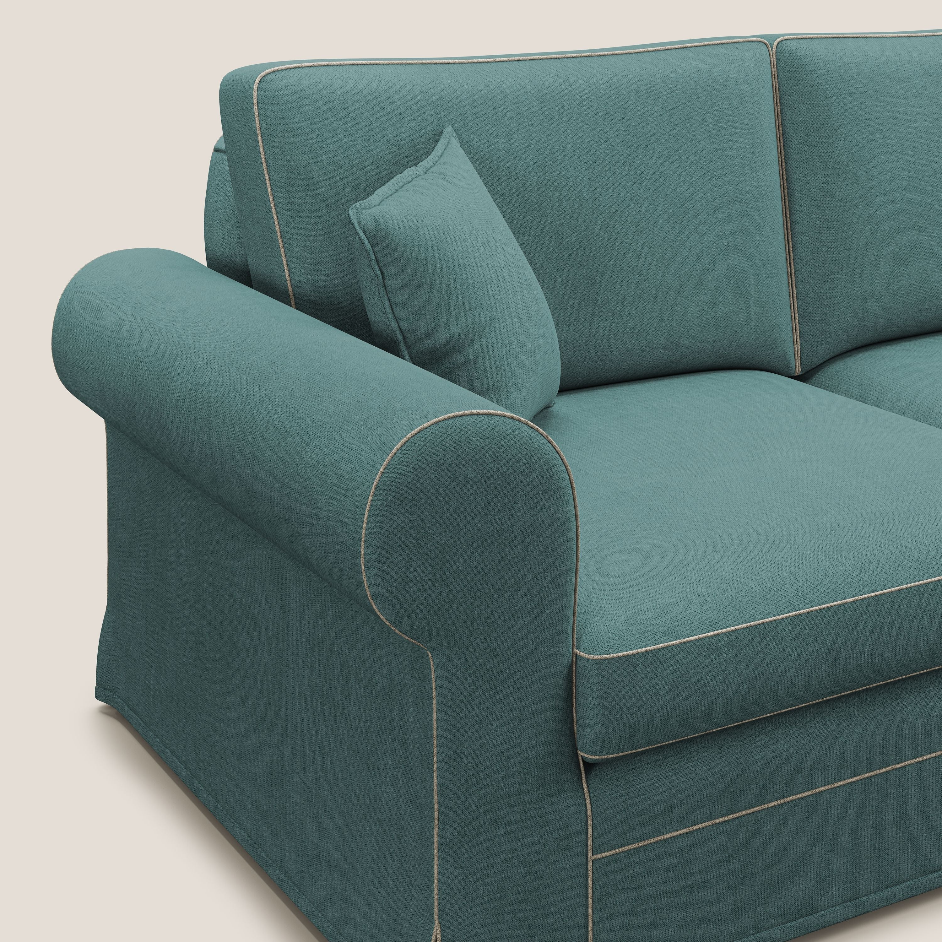 Lady divano classico bicolore in piuma d'oca realizzato con tessuto impermeabile T02 petrolio - panna - divani.store