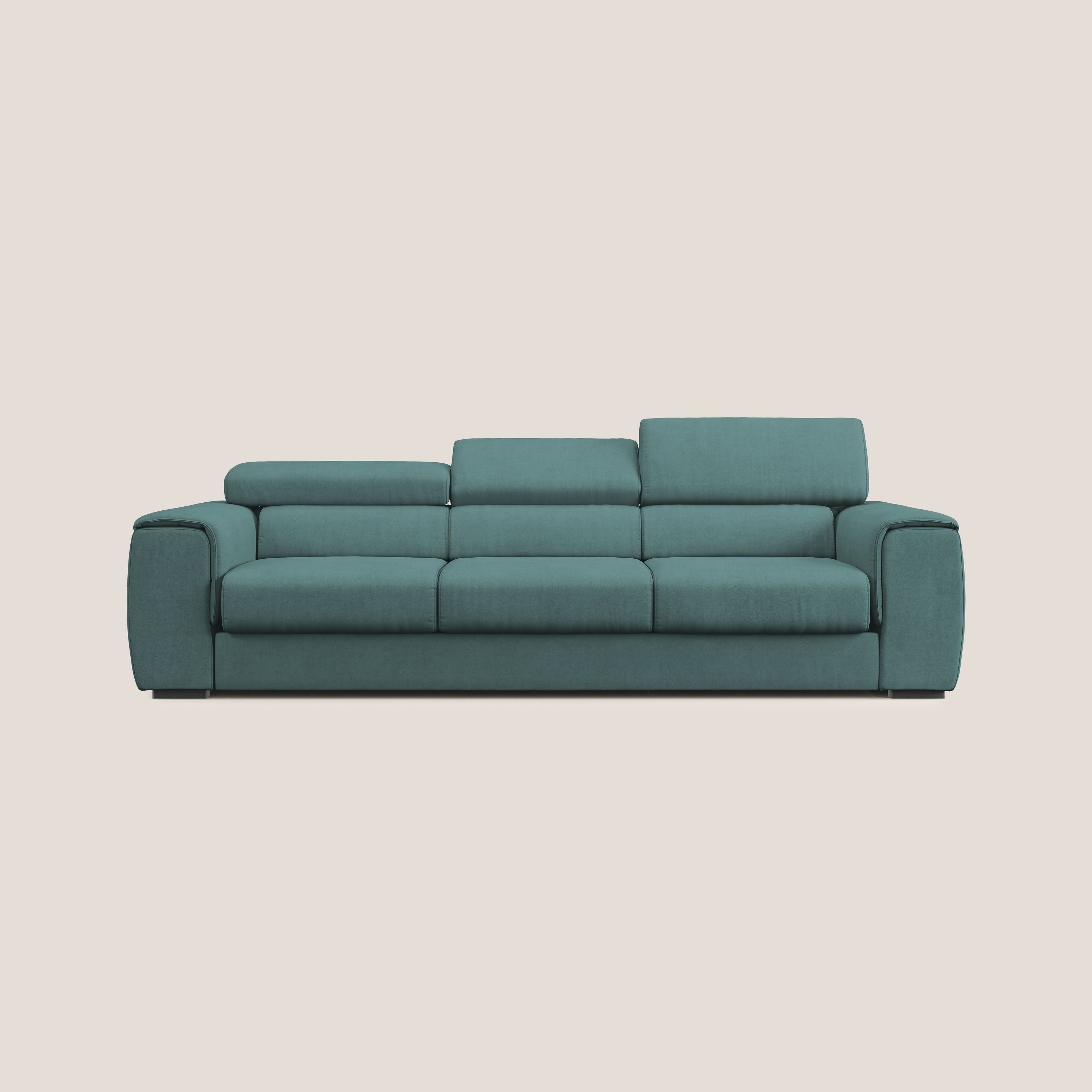 Zeno Divano con pouf estraibile poggiapiedi a 3 sedute in tessuto morbido impermeabile T02 petrolio - divani.store