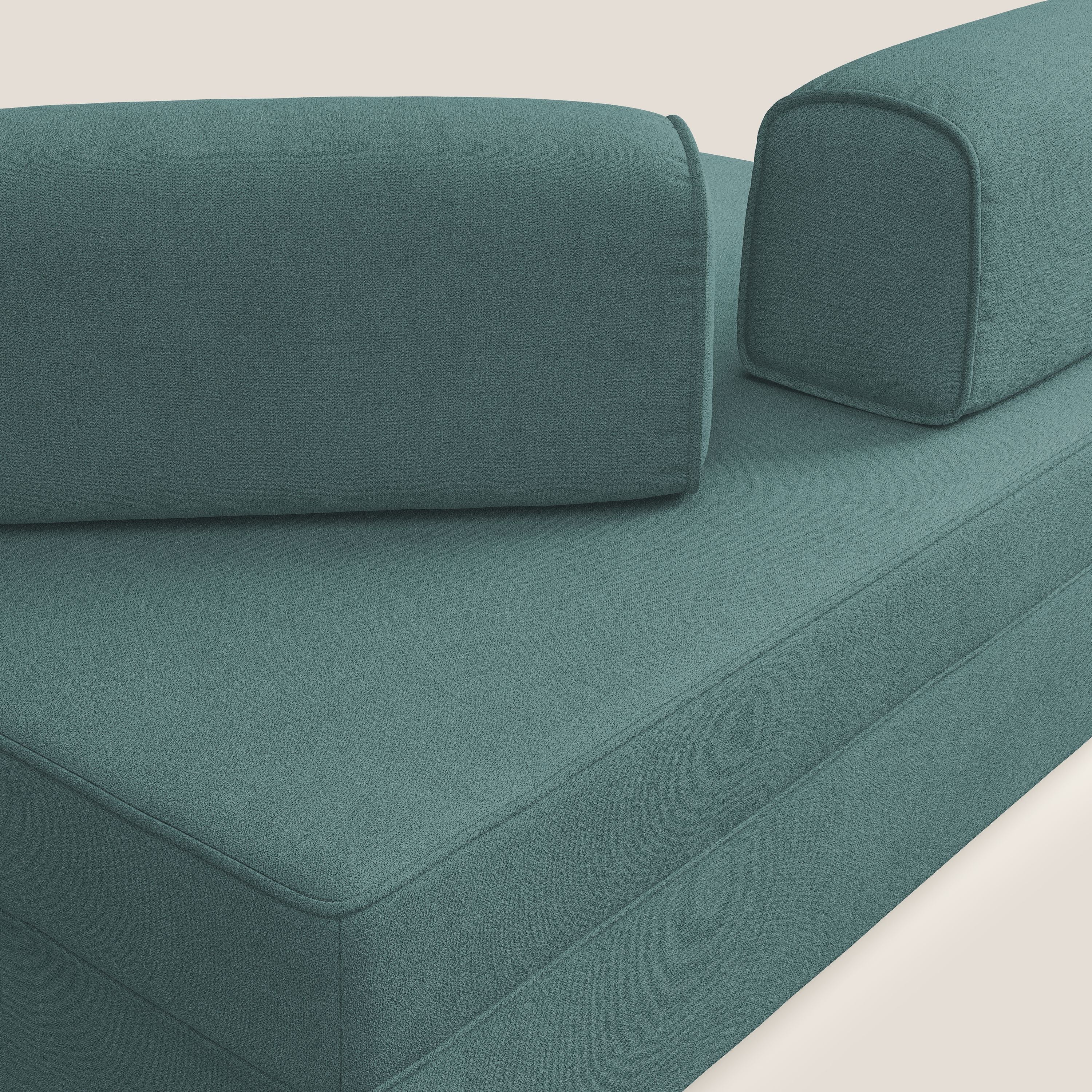 Liberty divano con pouf estraibile e schienali movibili in tessuto morbido impermeabile T02 petrolio - divani.store