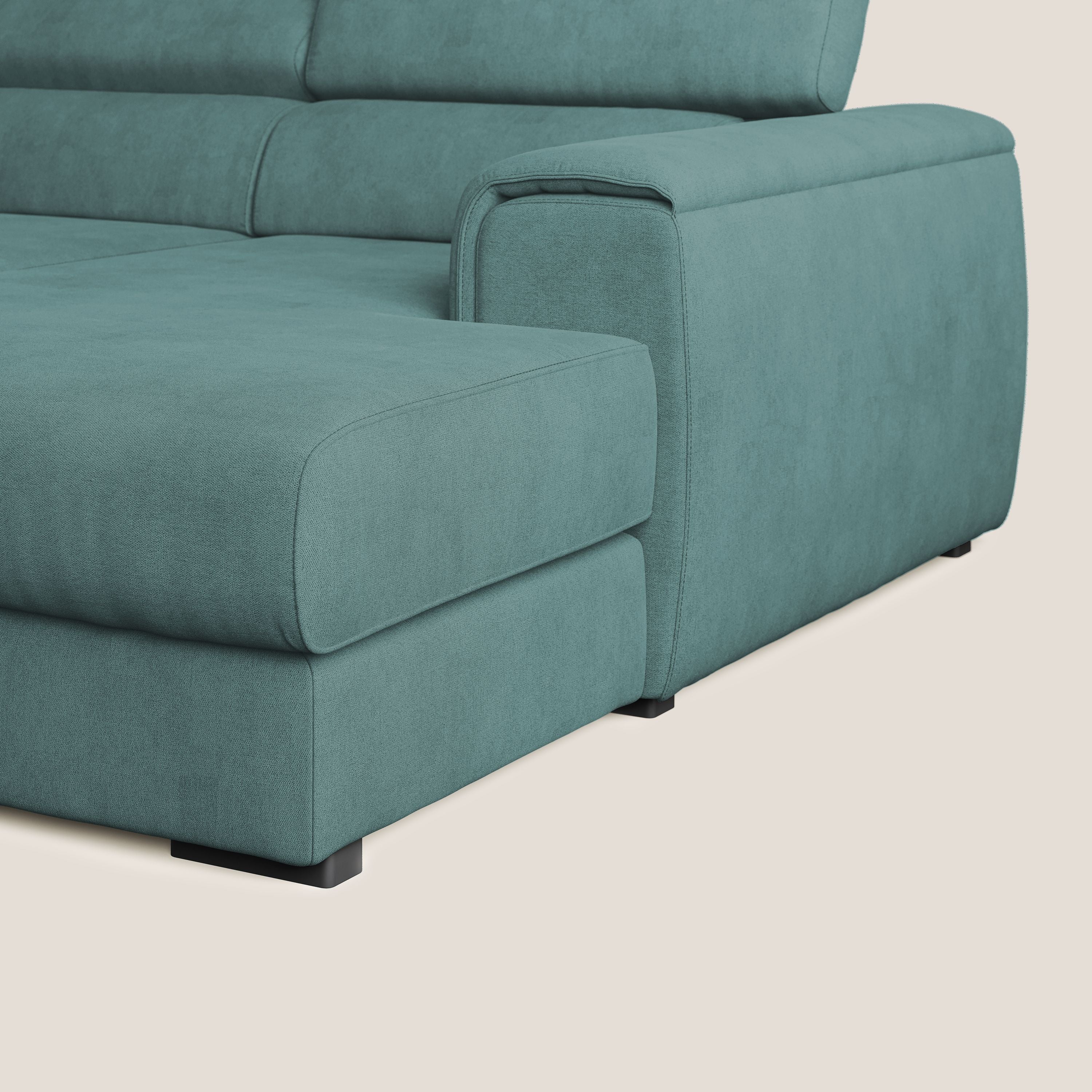 Zeno Divano angolare con pouf estraibile poggiapiedi in tessuto morbido impermeabile T02 petrolio - divani.store