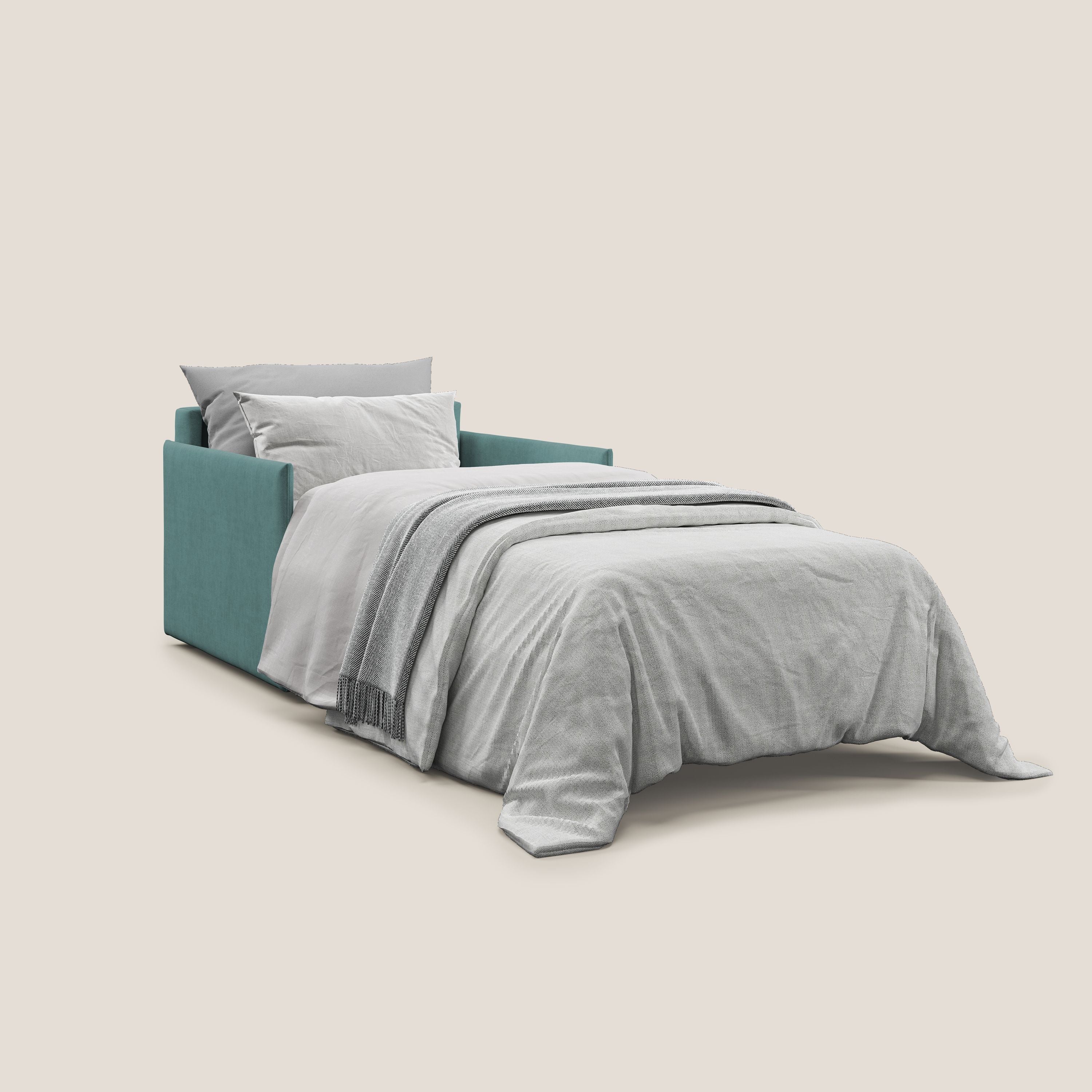 Evans poltrona letto in morbido tessuto impermeabile T02 petrolio - divani.store