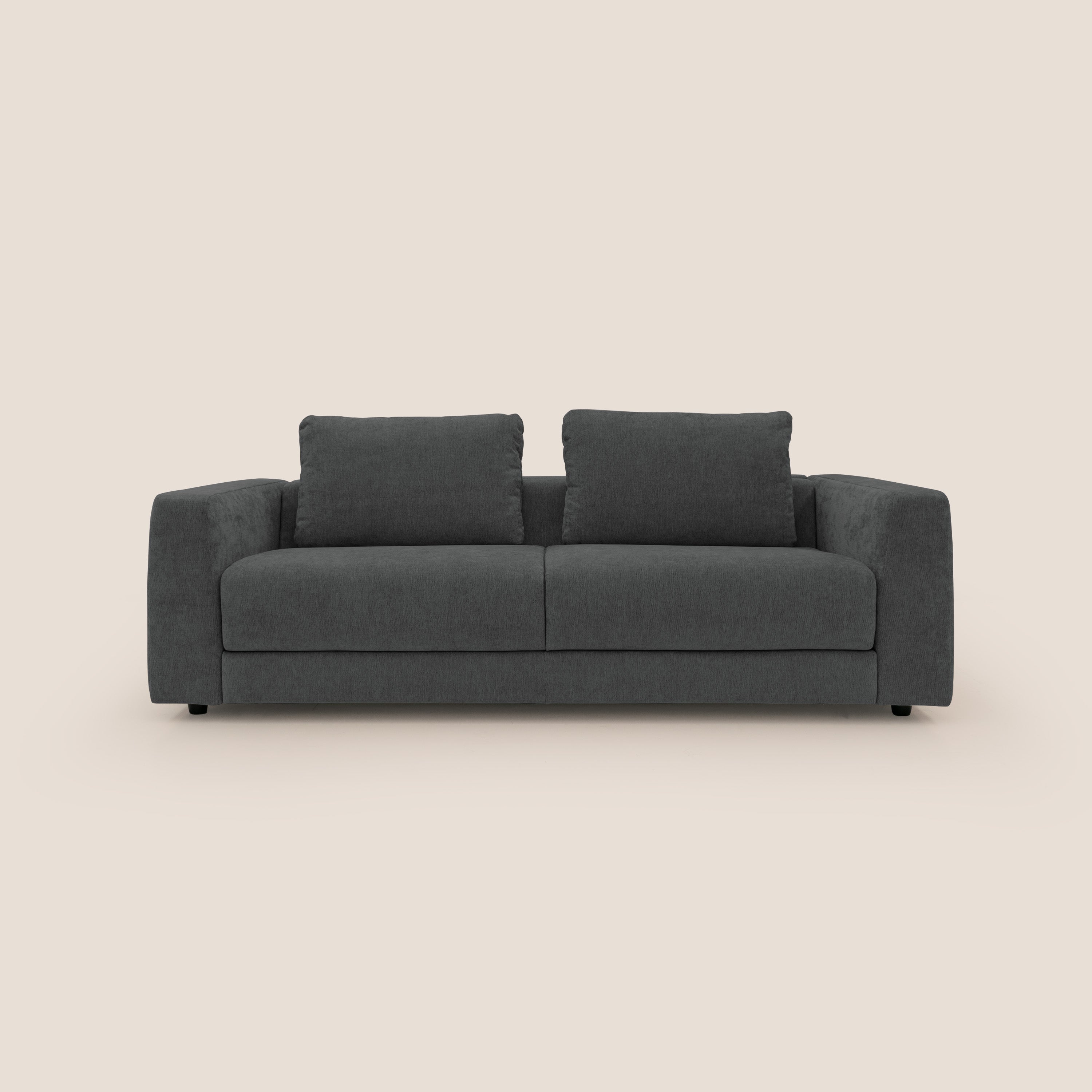 Freia Divano letto minimal materasso h15 cm con morbidi schienali in tessuto impermeabile T14 antracite - divani.store