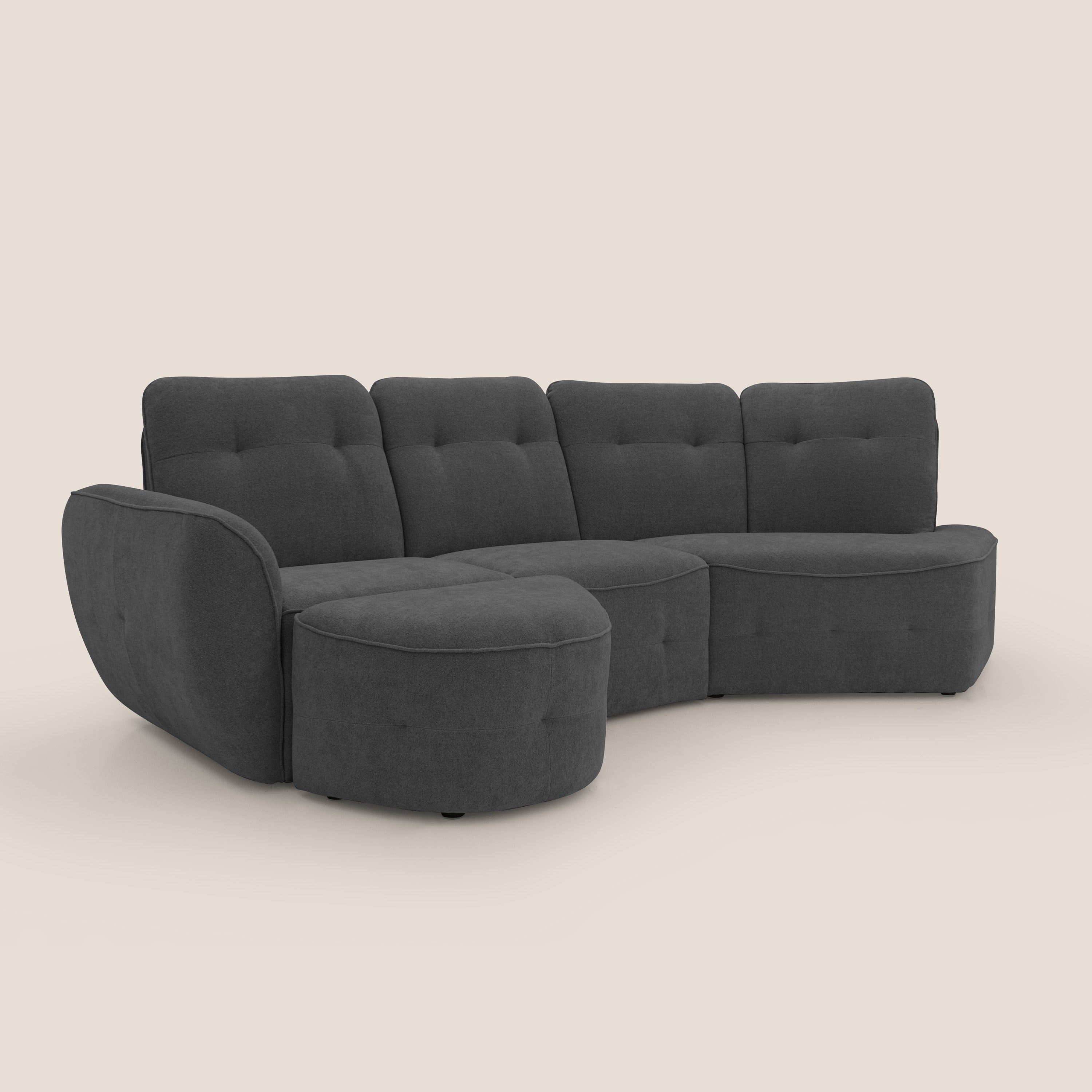Cerbero divano angolare con pouf mobile in morbido bouclé impermeabile T07 antracite - divani.store
