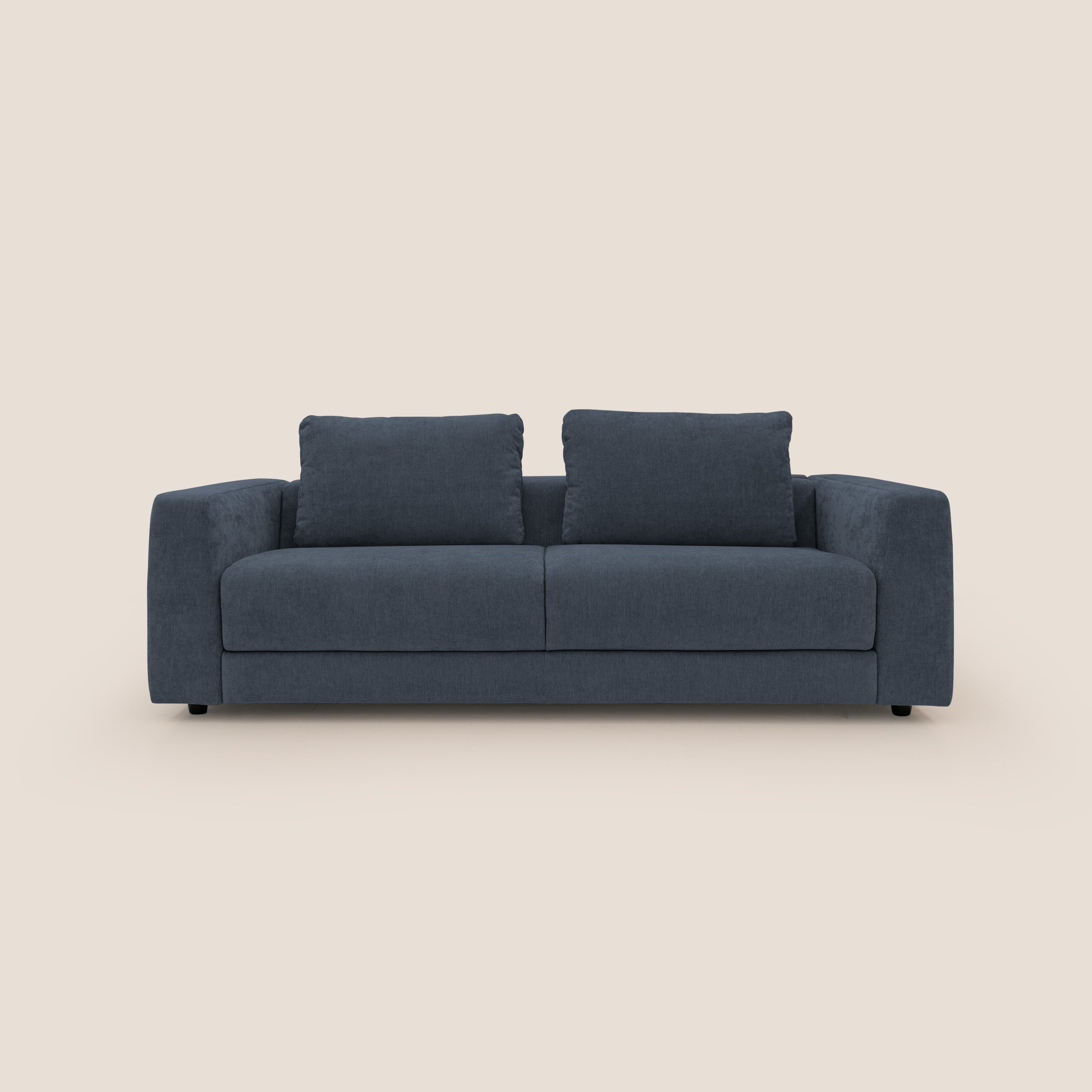 Freia Divano letto minimal materasso h15 cm con morbidi schienali in tessuto impermeabile T14 blu - divani.store