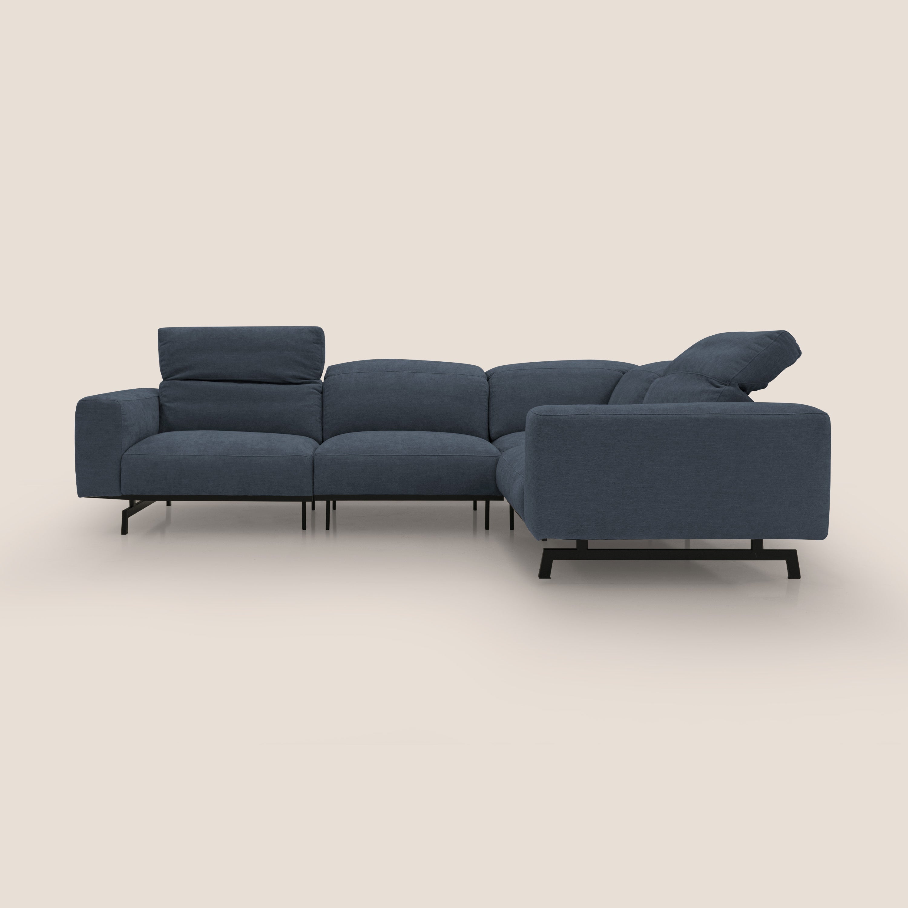 Sakura divano in piuma d'oca angolare REVERSIBILE in morbido tessuto fiammato impermeabile T14 blu - divani.store