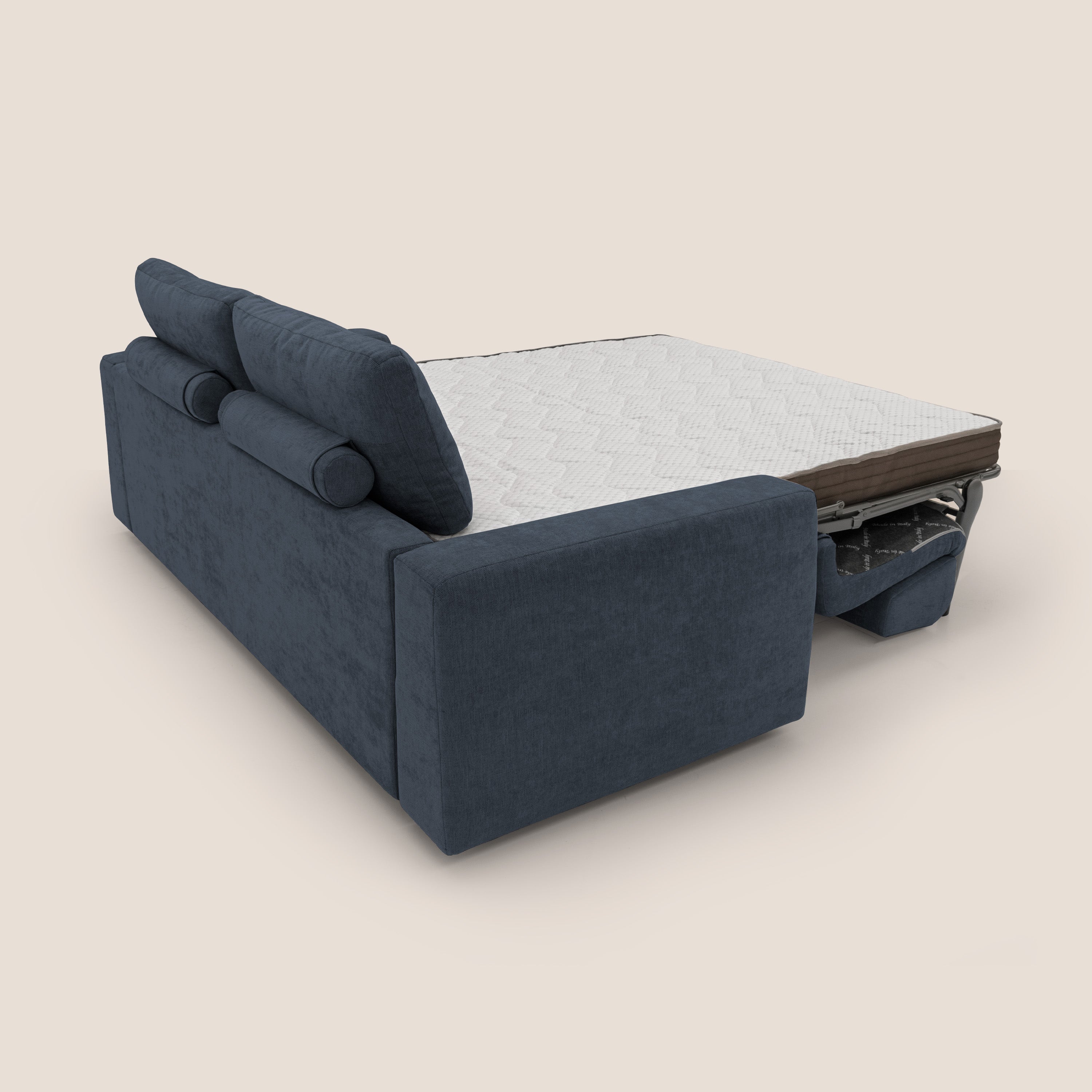 Freia Divano letto minimal materasso h15 cm con morbidi schienali in tessuto impermeabile T14 blu - divani.store
