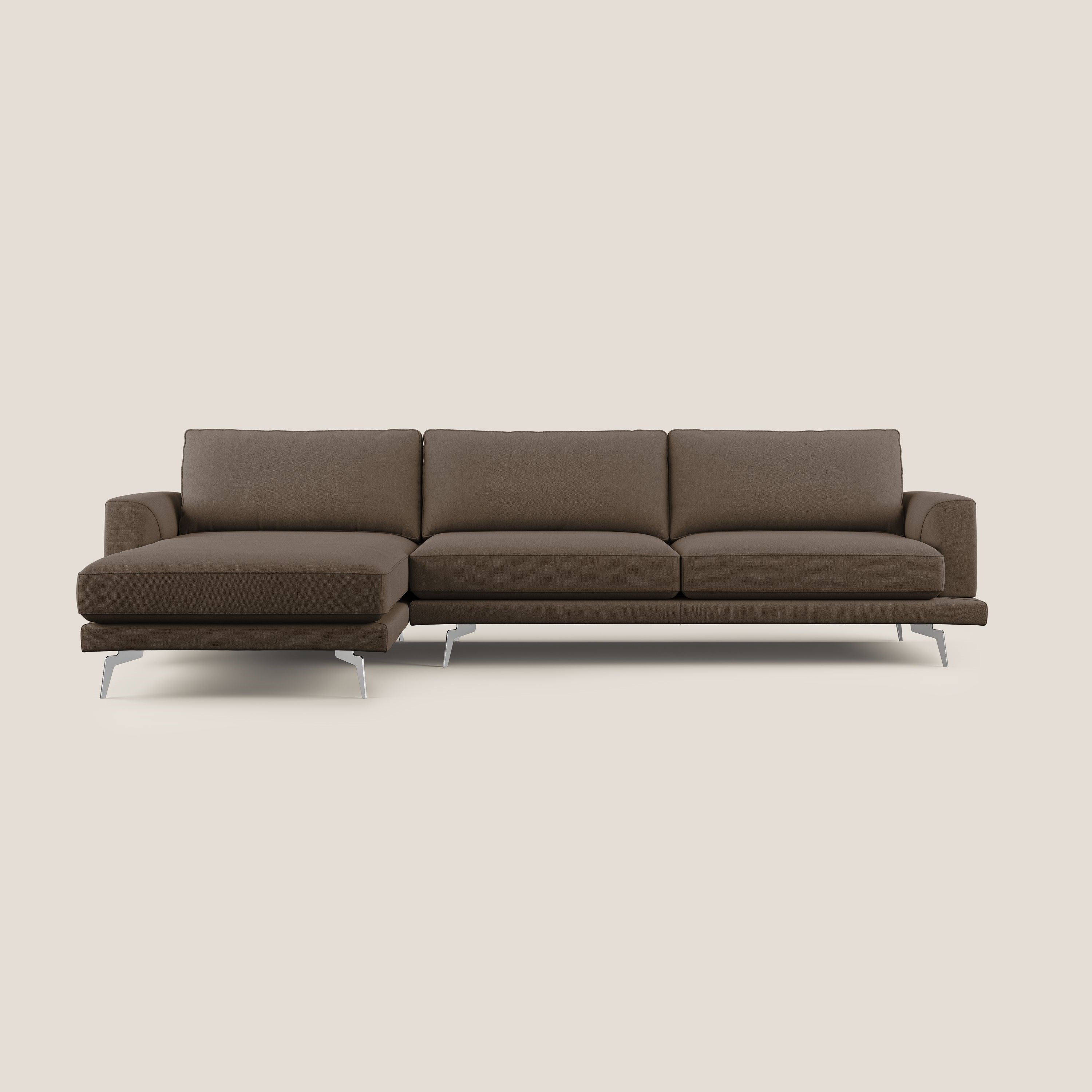Dorian divano moderno angolare con penisola in tessuto morbido antimacchia T05 marrone - divani.store
