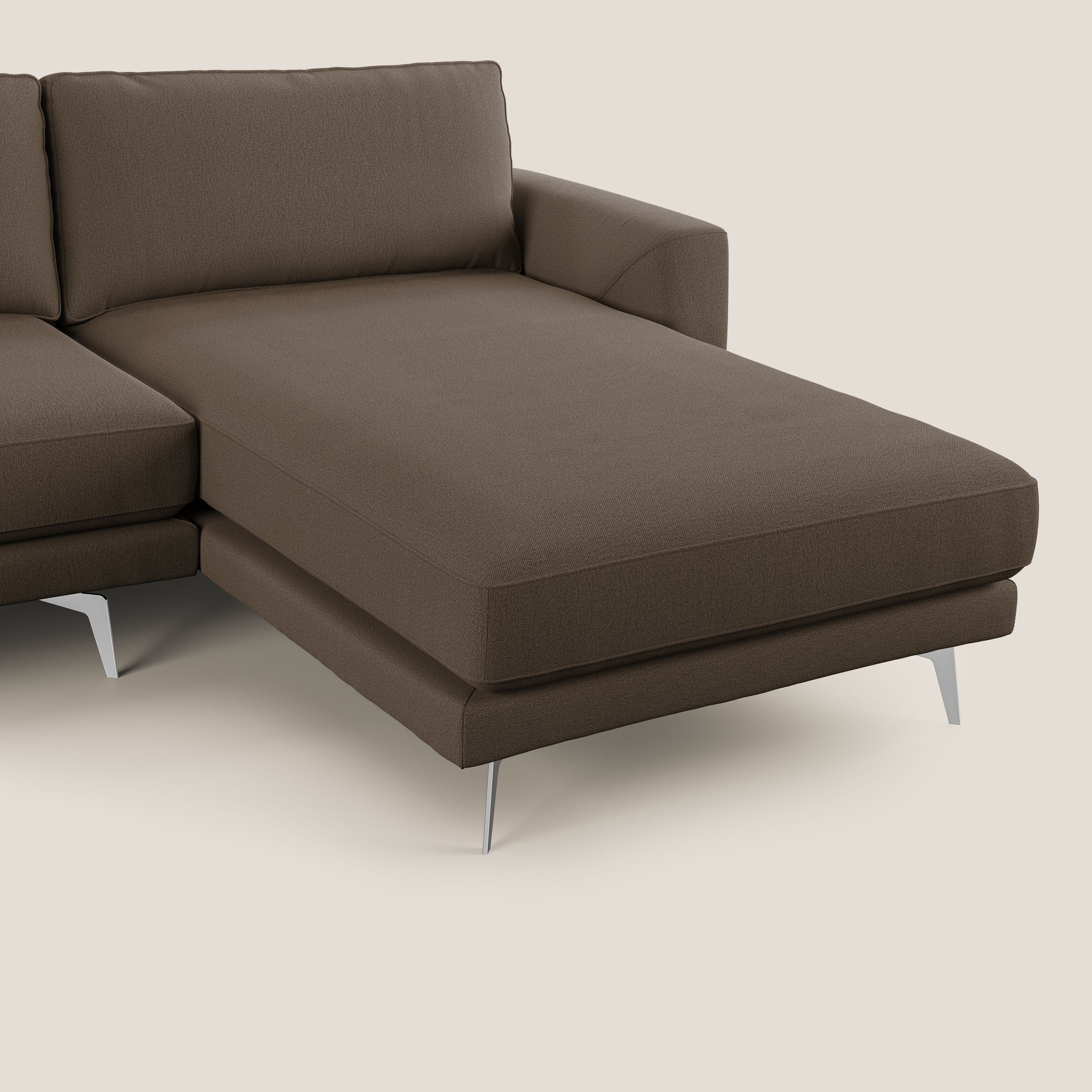 Dorian divano moderno angolare con penisola in tessuto morbido antimacchia T05 marrone - divani.store