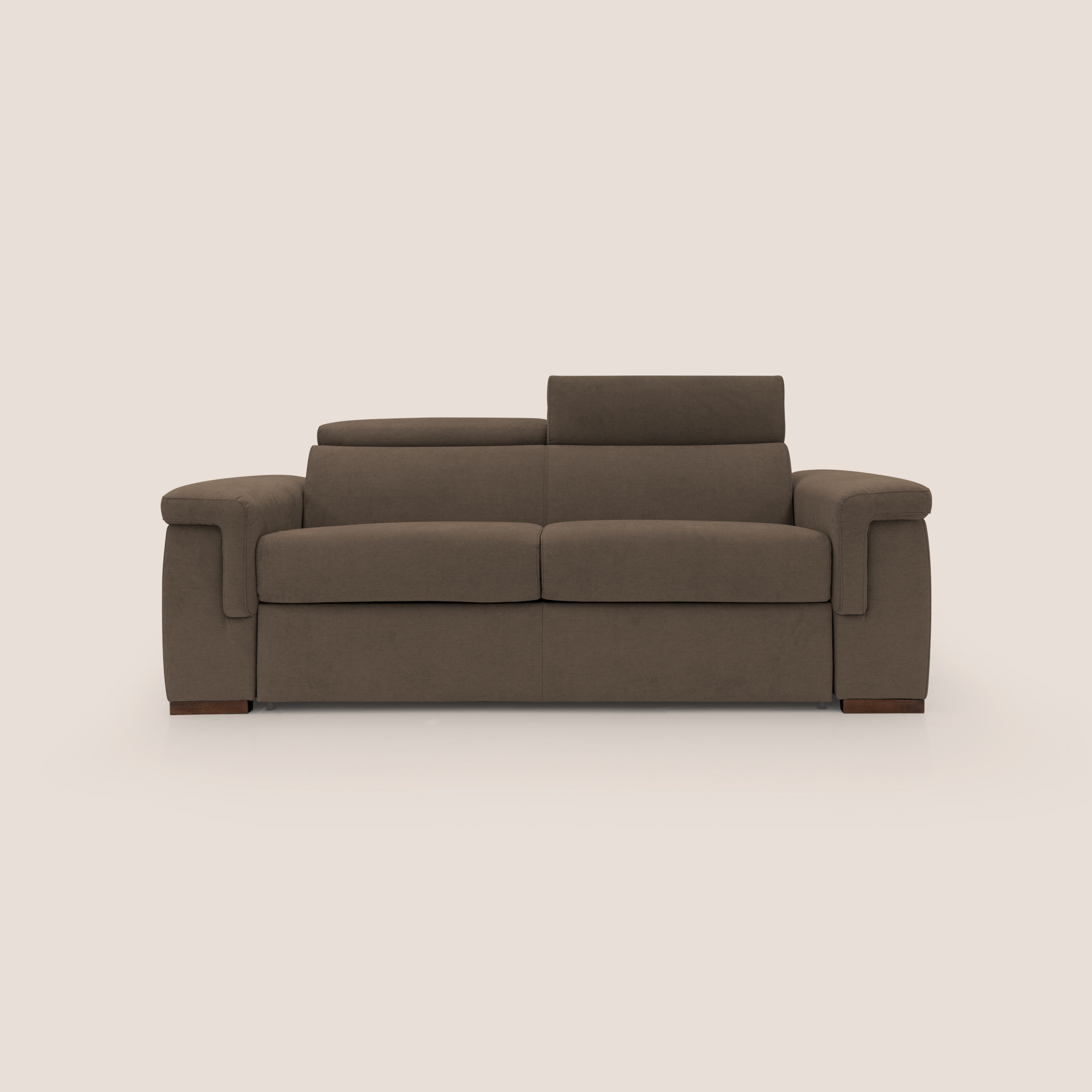 Giunone divano letto con materasso alto 18 cm e poggiatesta reclinabili in tessuto impermeabile T02 marrone - divani.store