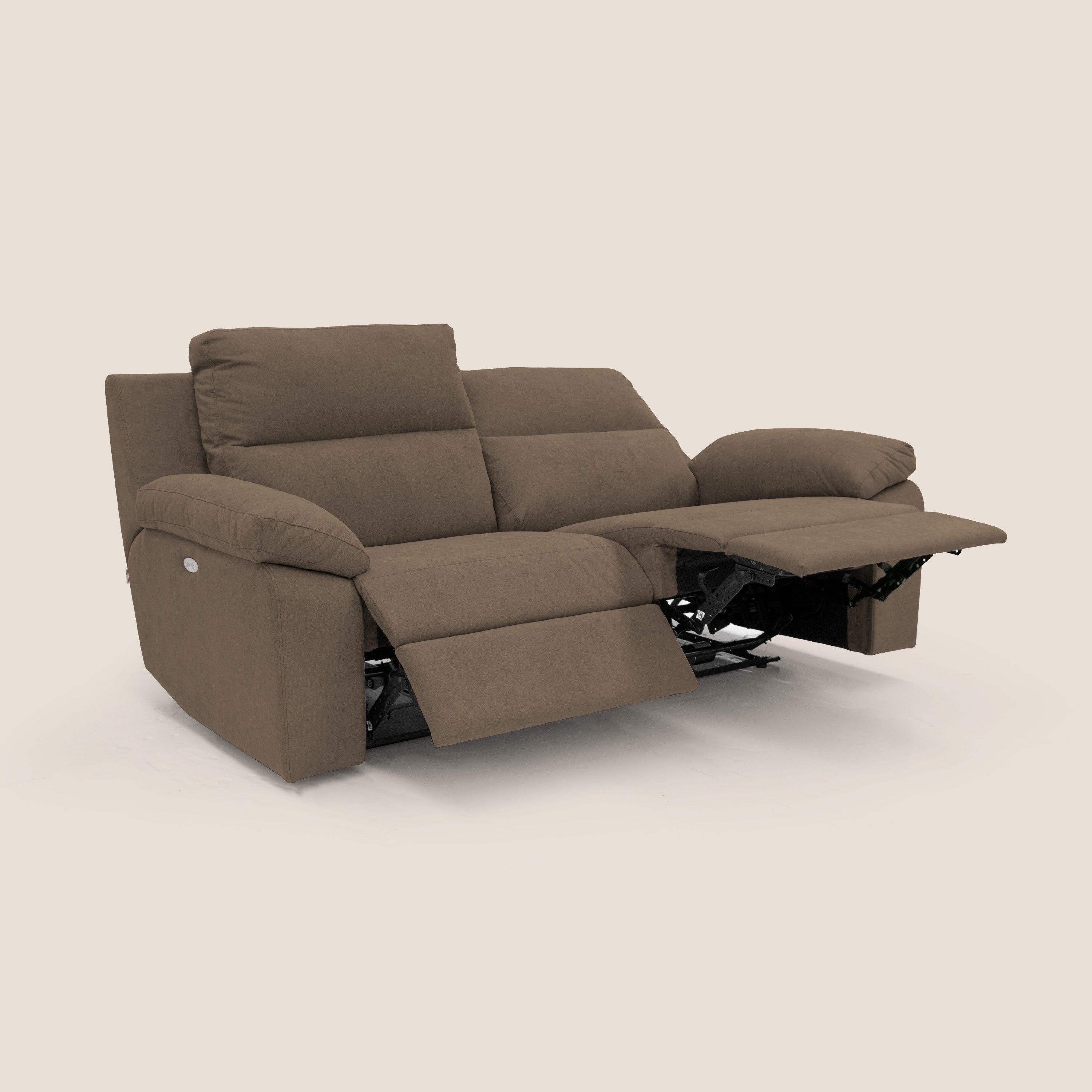 Romeo Divano relax con recliner elettrico in morbido tessuto impermeabile T02 marrone - divani.store
