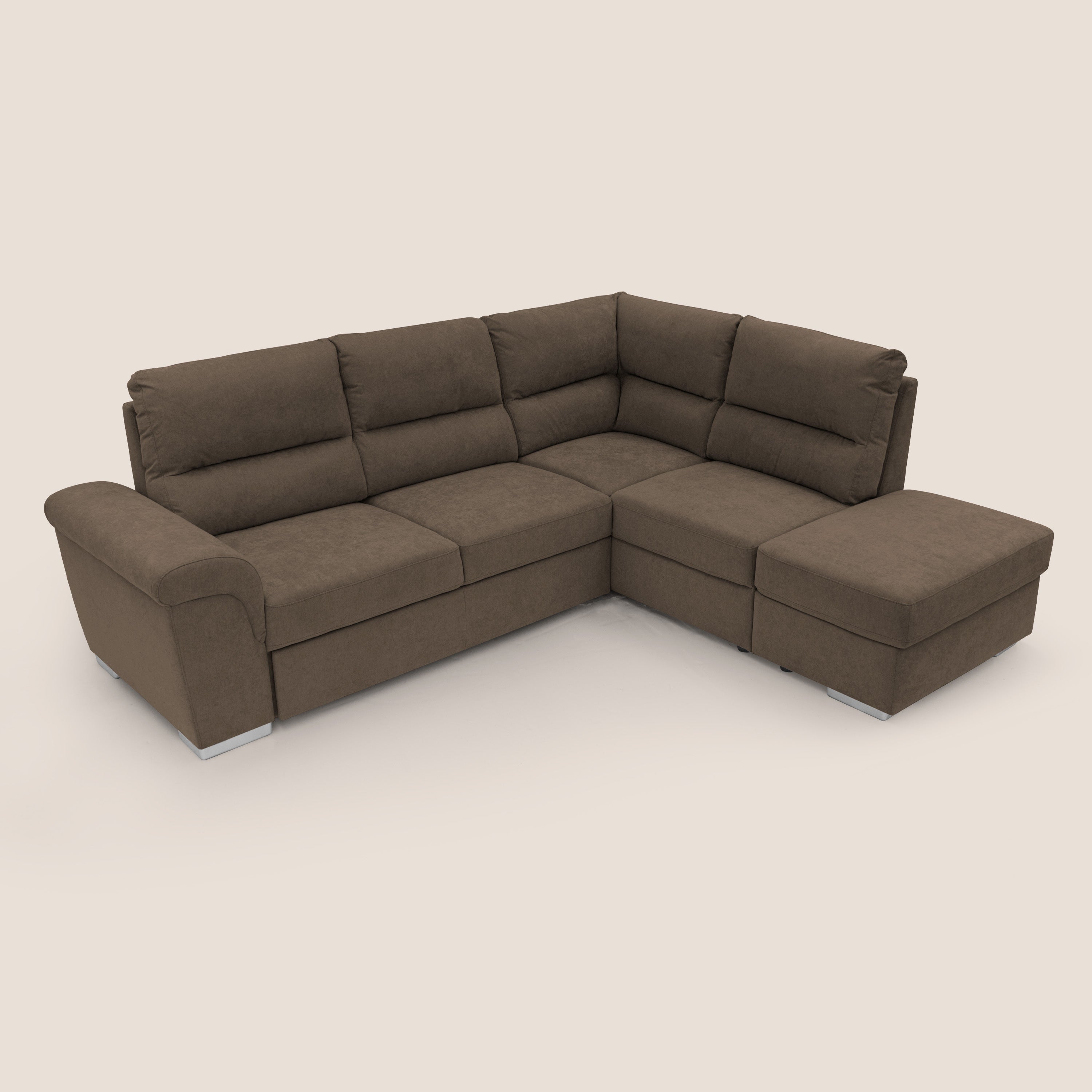 Minerva divano angolare con estraibile a cassettone e pouf contenitore in tessuto morbido impermeabile T02 marrone - divani.store