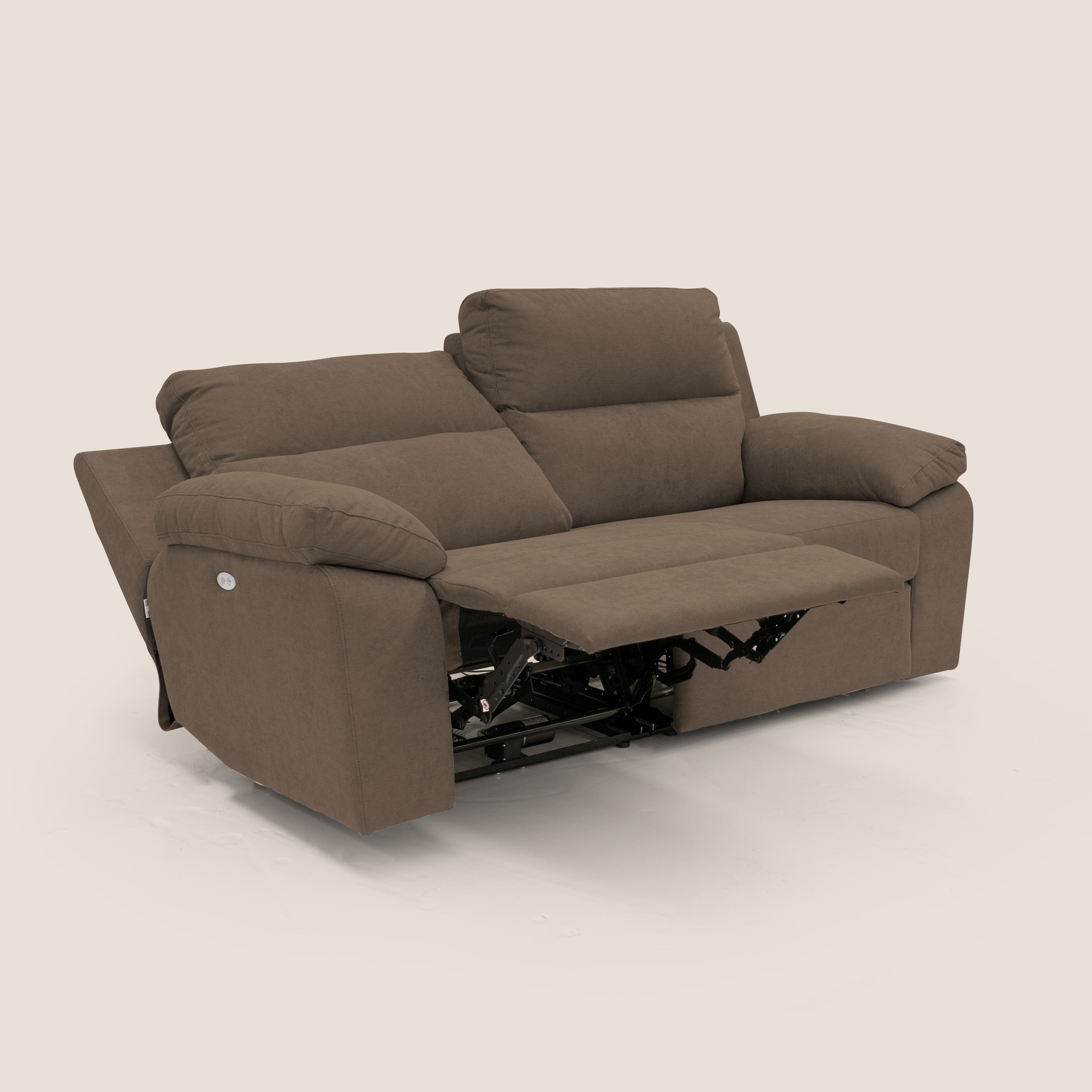 Romeo Divano relax con recliner elettrico in morbido tessuto impermeabile T02 marrone - divani.store