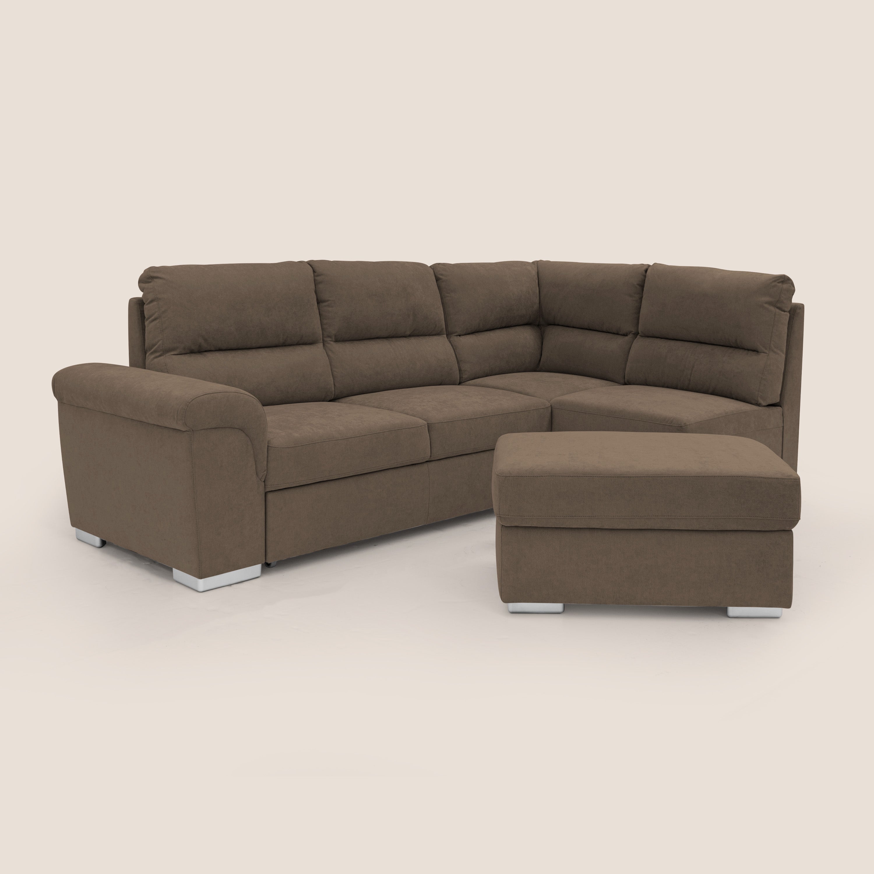 Minerva divano angolare con estraibile a cassettone e pouf contenitore in tessuto morbido impermeabile T02 marrone - divani.store