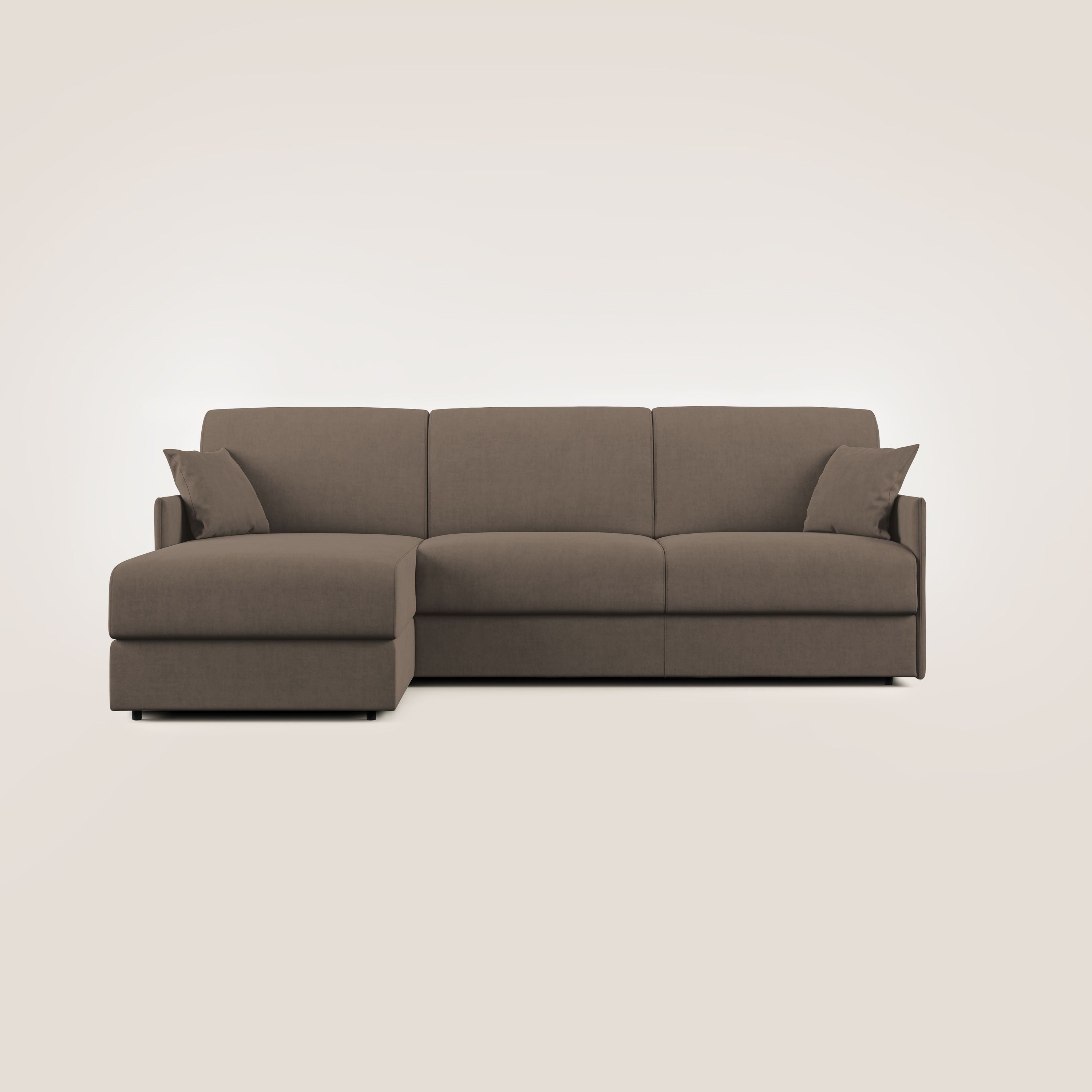Evans Divano letto angolare con penisola in morbido tessuto impermeabile T02 marrone - divani.store