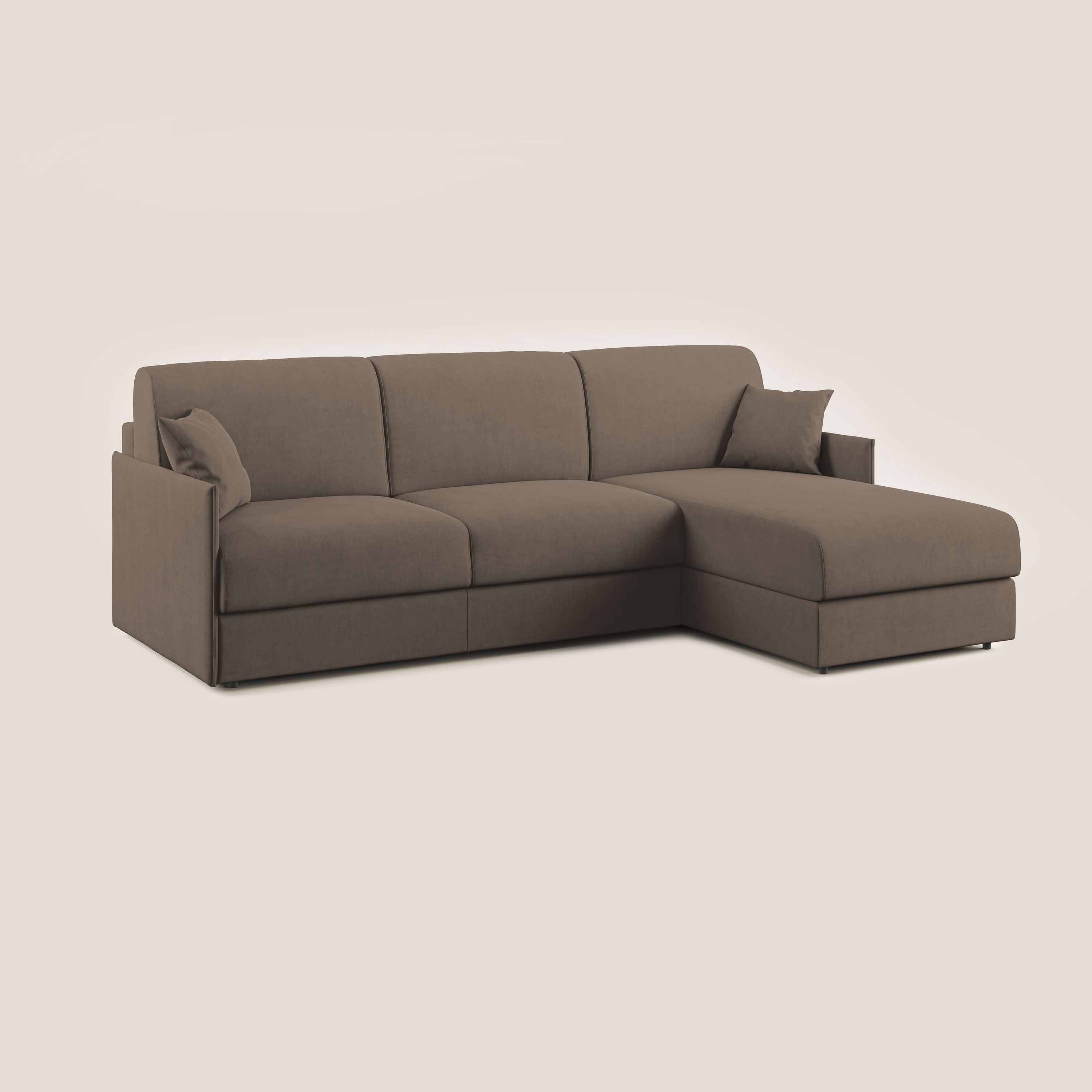 Evans Divano letto angolare con penisola in morbido tessuto impermeabile T02 marrone - divani.store