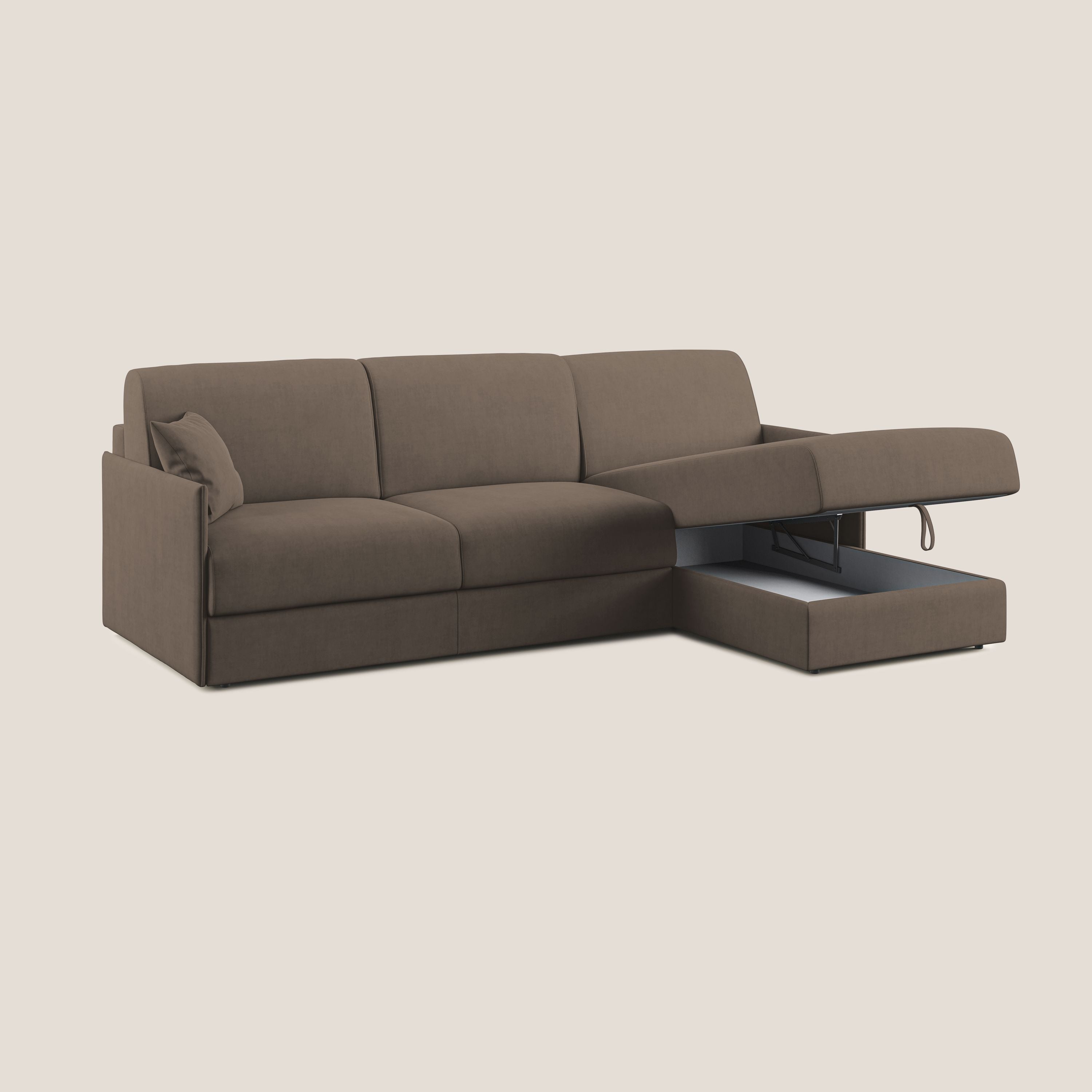 Evans Divano letto angolare con penisola in morbido tessuto impermeabile T02 marrone - divani.store