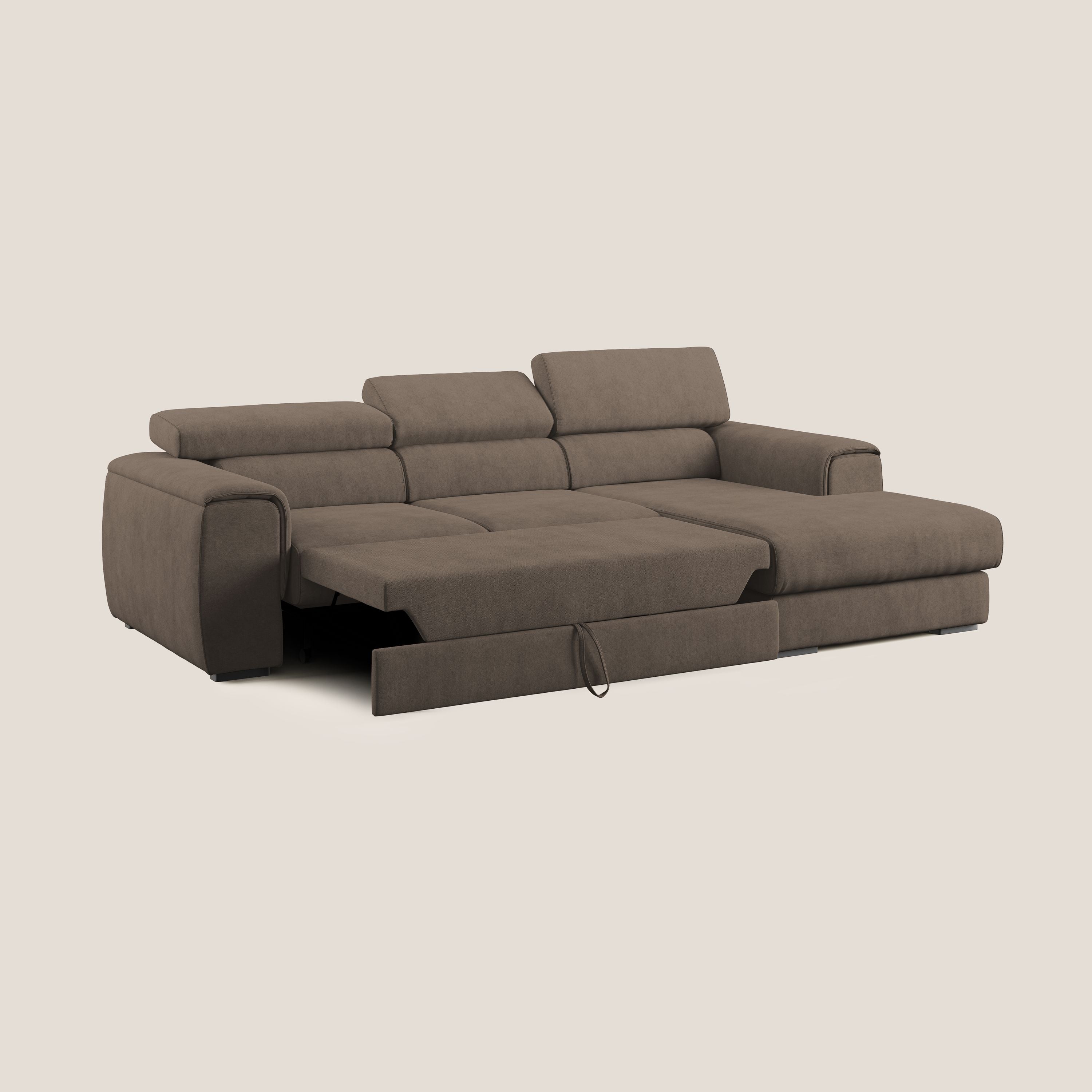 Zeno Divano angolare con pouf estraibile poggiapiedi in tessuto morbido impermeabile T02 marrone - divani.store