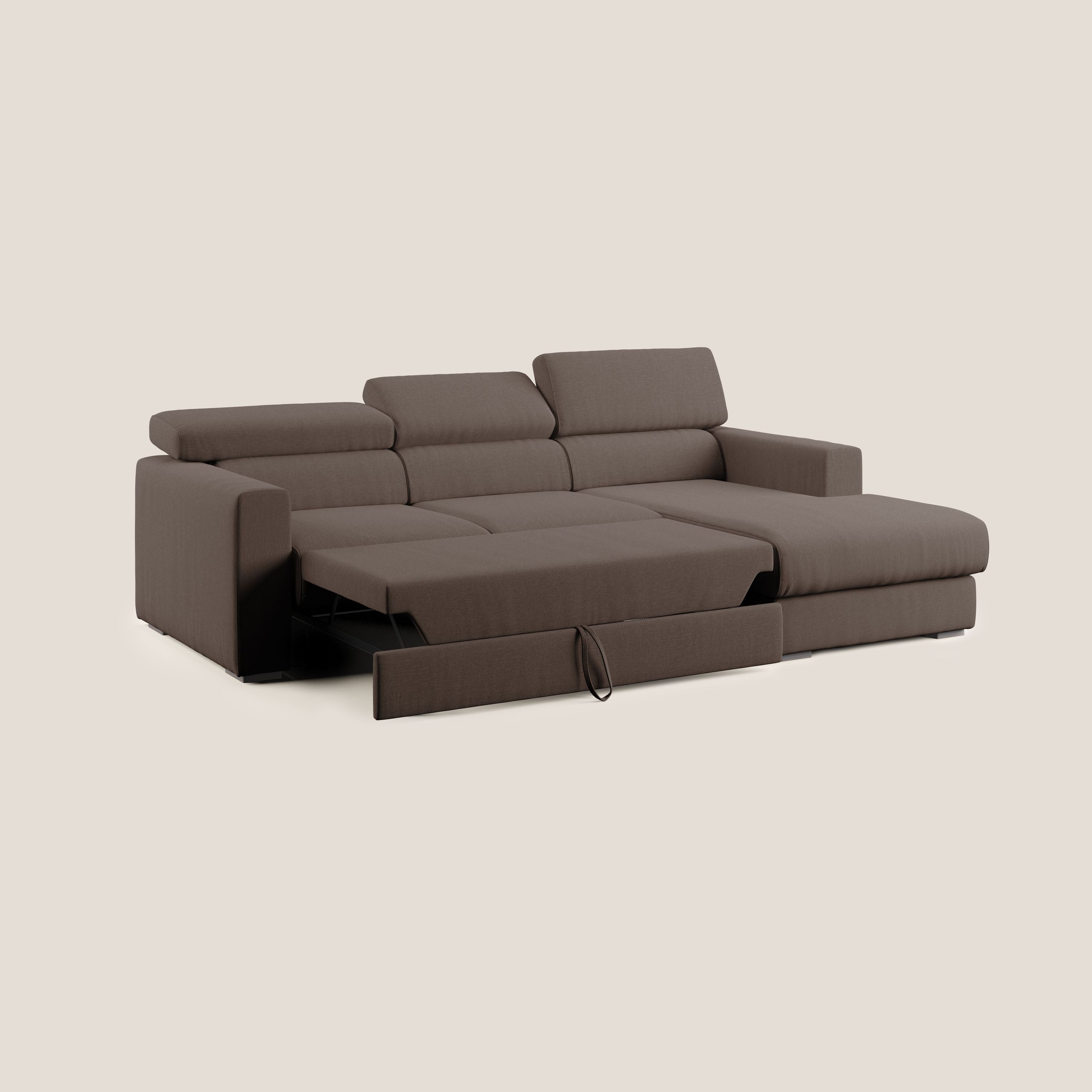 Dylan divano angolare con pouf estraibile poggiapiedi in tessuto simil cotone impermeabile T13 marrone - divani.store