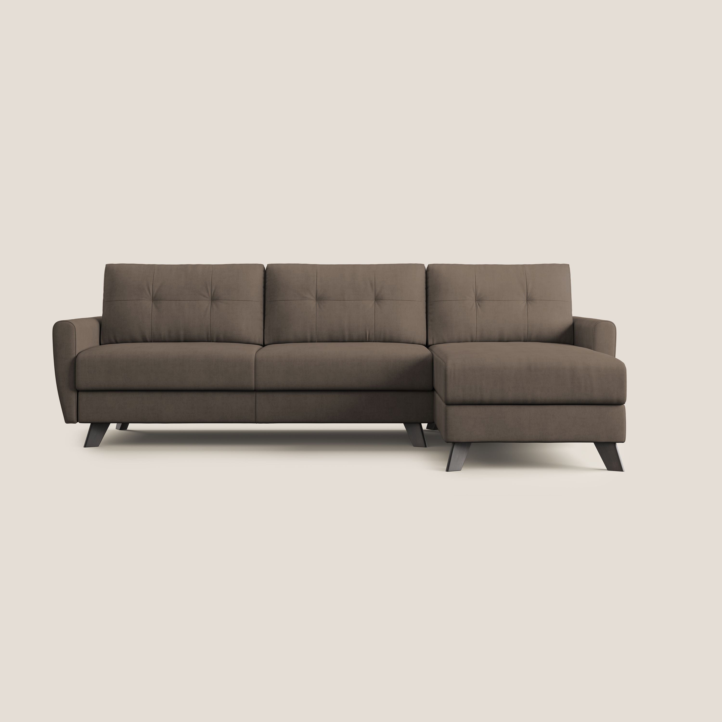 Callisto Divano letto angolare con penisola in tessuto morbido impermeabile T02 marrone - divani.store
