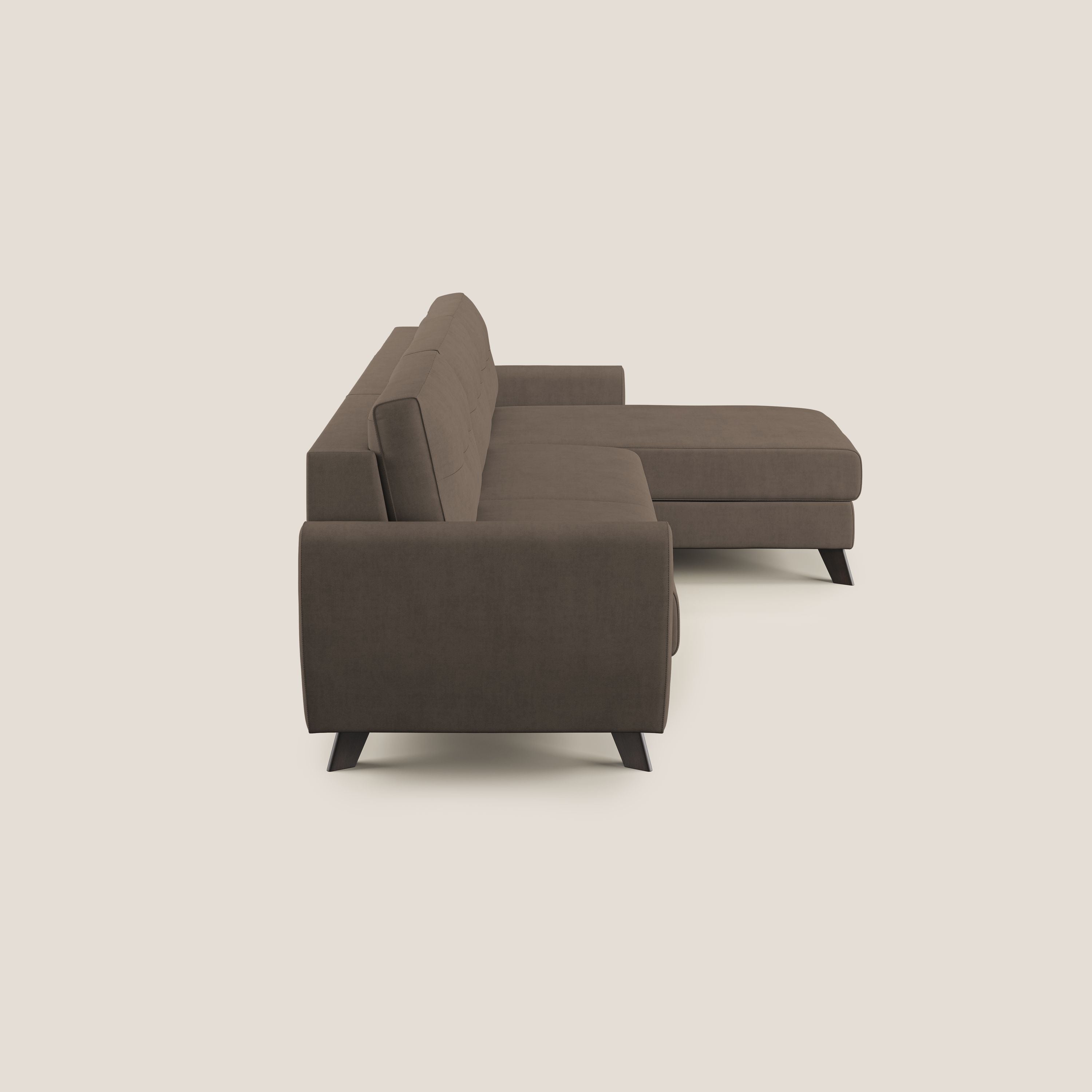 Callisto Divano letto angolare con penisola in tessuto morbido impermeabile T02 marrone - divani.store