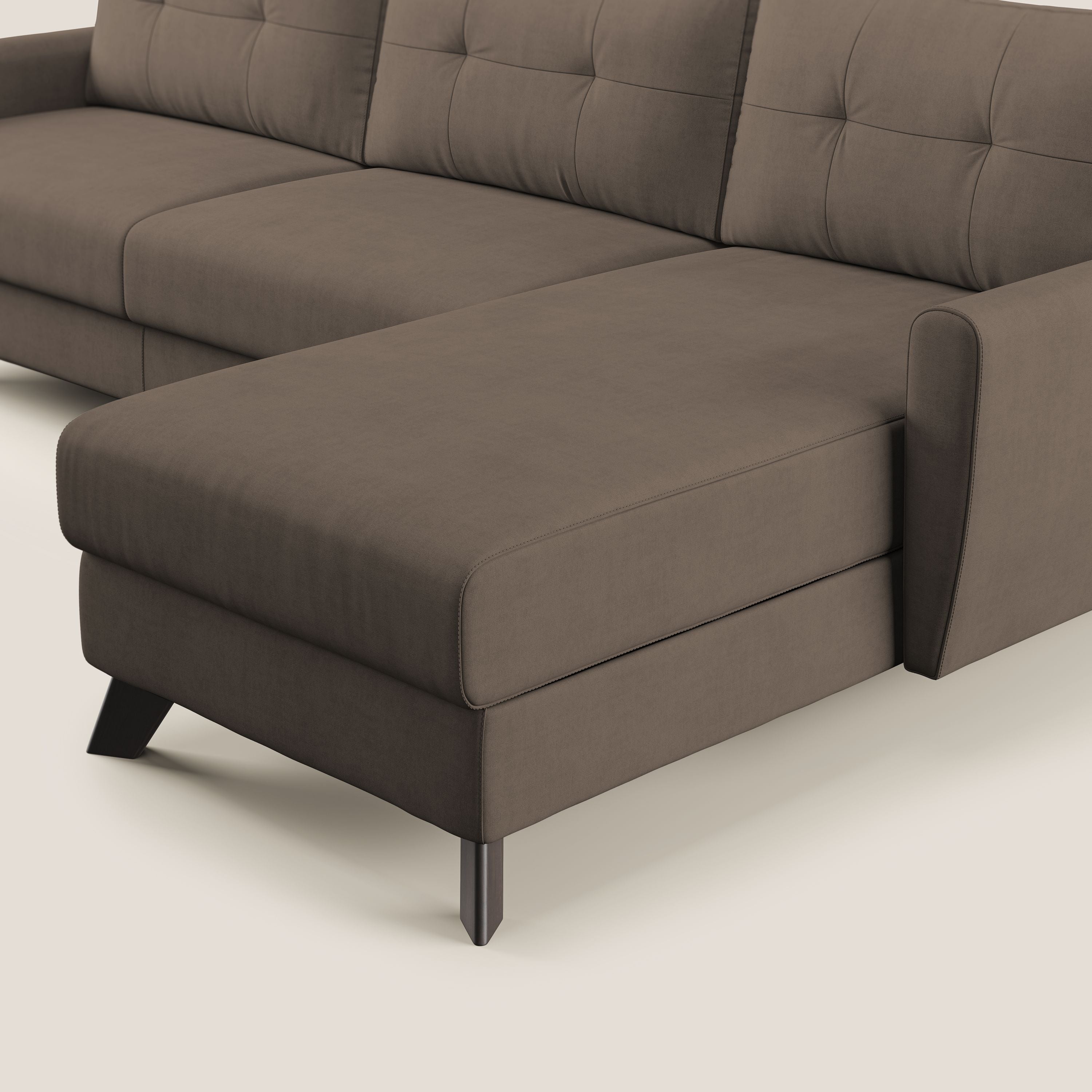 Callisto Divano letto angolare con penisola in tessuto morbido impermeabile T02 marrone - divani.store