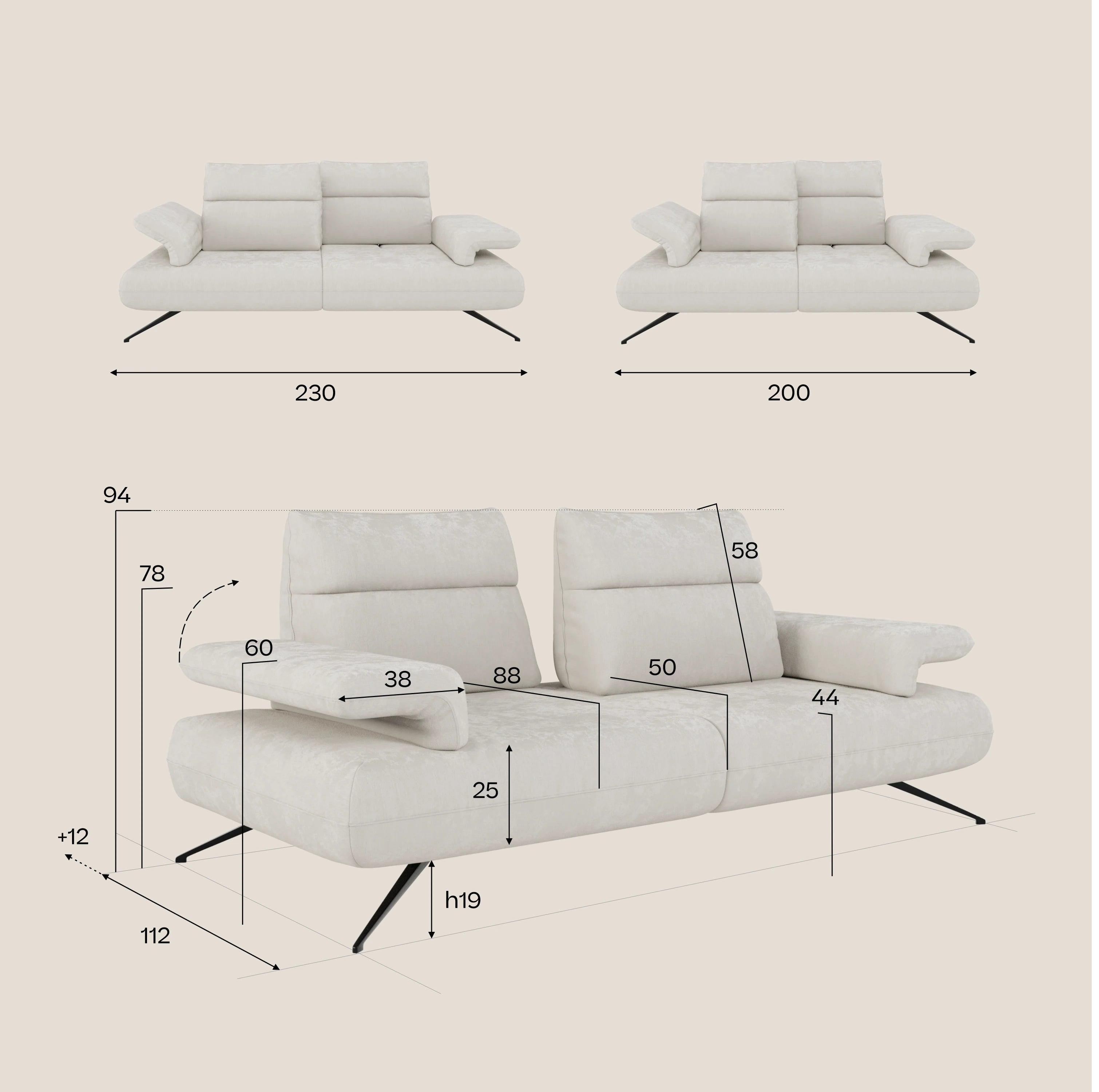 Il divano Aeris 2 Posti e 3 Posti di Divani.Store, in tessuto T27 beige facile da pulire, è caratterizzato da gambe angolari nere. In figura: larghezza 230/200 cm, altezza 94 cm, profondità 112 cm, altezza seduta 44 cm, altezza braccioli 60 cm.