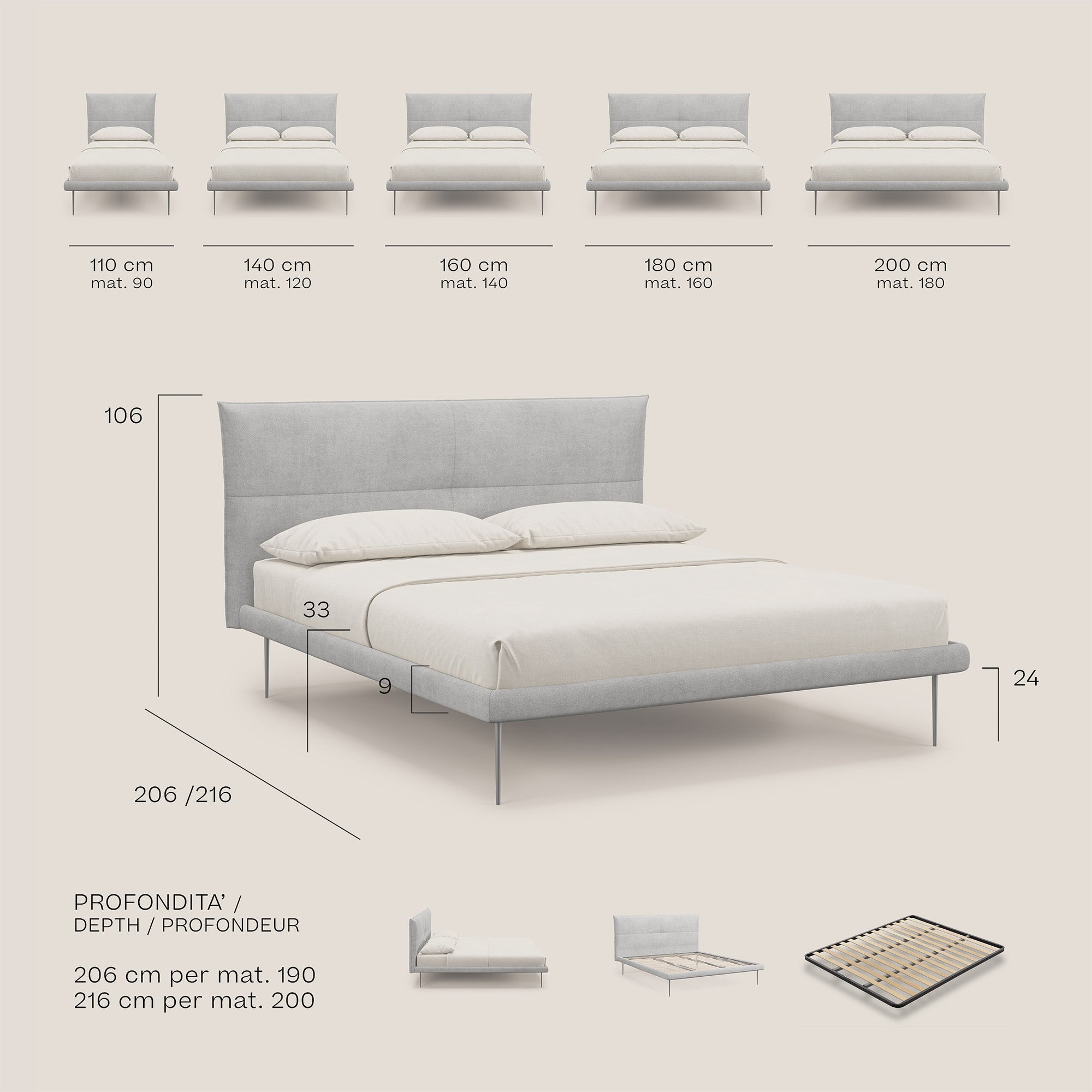 Akiko letto imbottito con piedi alti in metallo in tessuto impermeabile T02 blu - divani.store