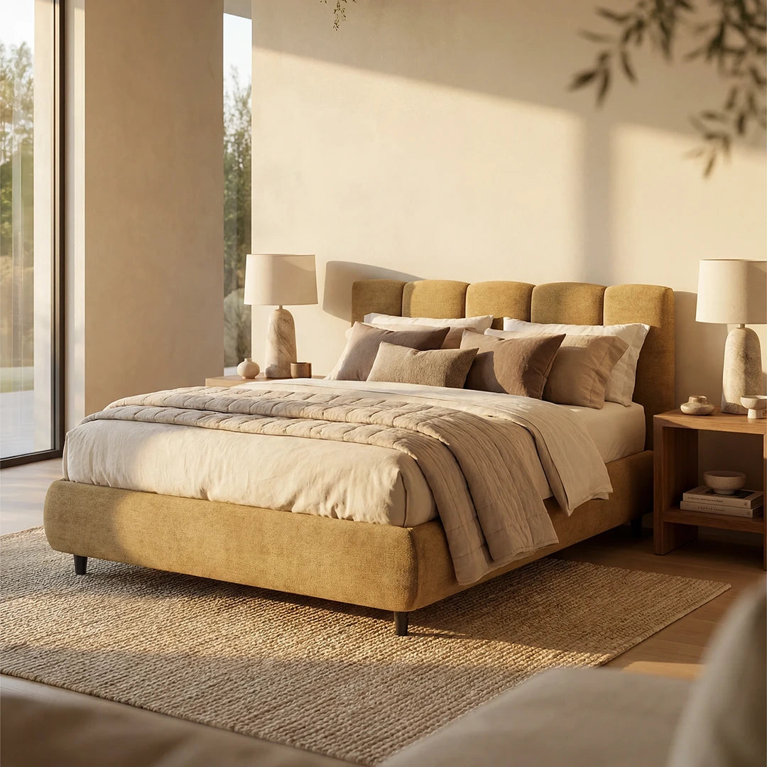 Una camera da letto moderna è arredata con il letto imbottito ARKAM di Letti.store, caratterizzato da una testiera con cuciture verticali e tessuto Oeko-Tex®, biancheria da letto color crema, cuscini dai toni neutri, comodini in legno con lampade in pietra, un'ampia finestra e un accogliente tappeto beige che conferisce all'ambiente un look shabby chic.