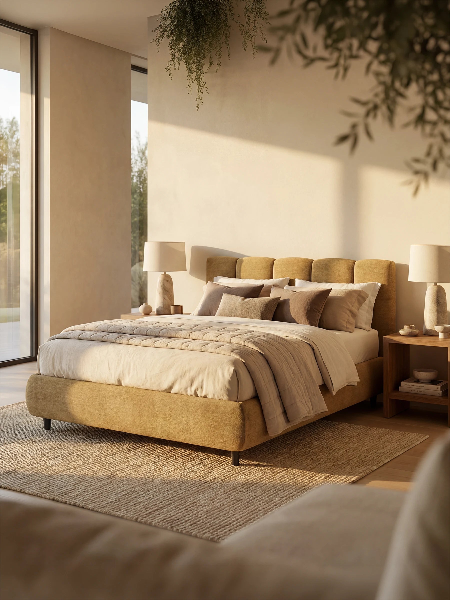 Una camera da letto moderna e inondata di luce, arredata con il letto imbottito ARKAM con contenitore e testiera a lavorazione verticale di Letti.store: un elegante letto imbottito color beige, realizzato in tessuto certificato Oeko-Tex® e caratterizzato da un raffinato design shabby chic. Lo spazio è arricchito da biancheria da letto e cuscini nei toni del marrone-beige, affiancato da due comodini coordinati su cui poggiano delle lampade. Un tappeto intrecciato conferisce stabilità alla stanza, le ampie