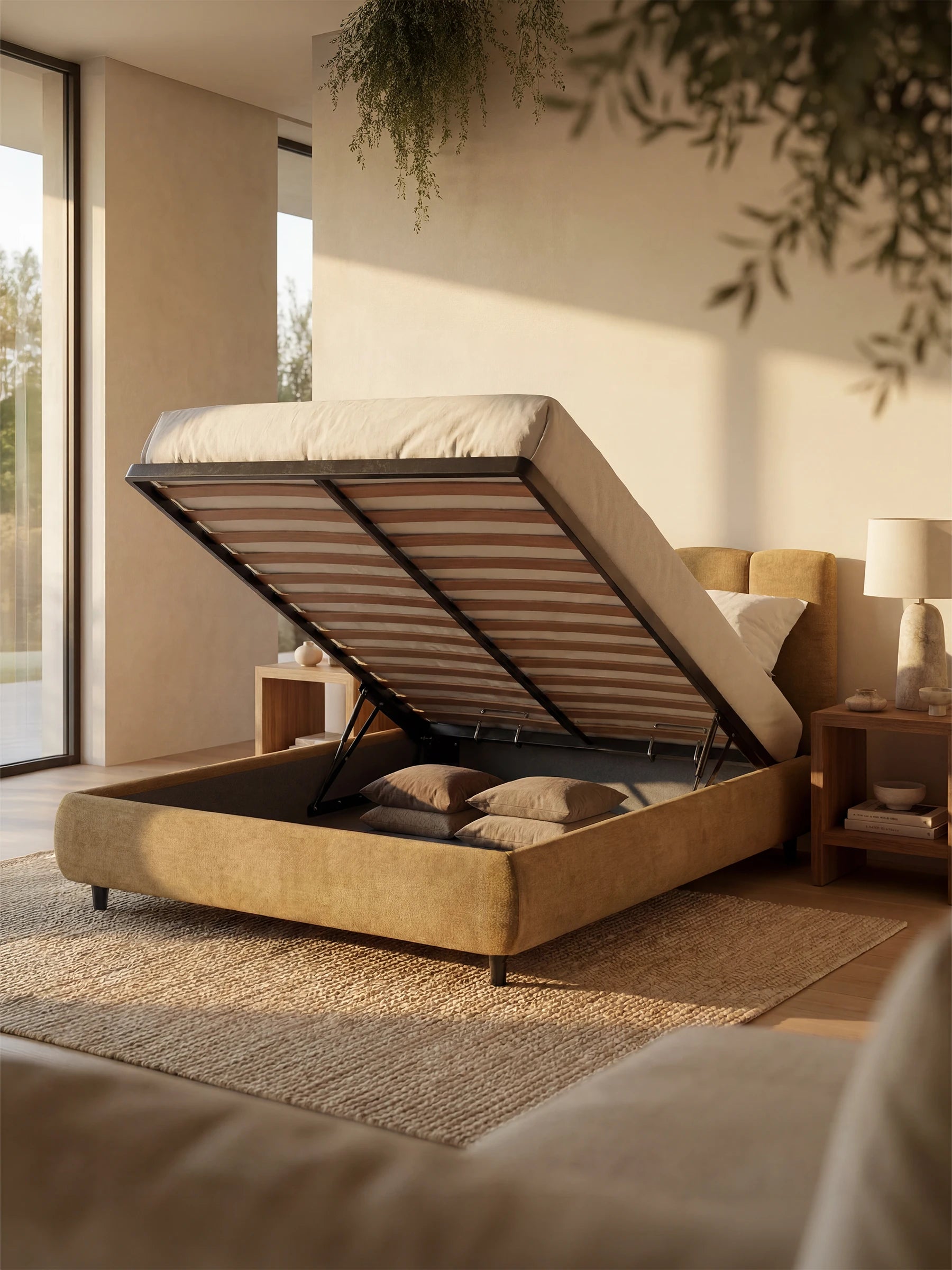 Una camera da letto moderna mette in risalto il letto imbottito ARKAM con vano contenitore e testiera a lavorazione verticale di Letti.store: il rivestimento color cuoio certificato Oeko-Tex® e la morbida testiera imbottita con cuciture verticali aggiungono un tocco di eleganza in stile shabby chic. Il vano contenitore a ribalta si apre rivelando cuscini disposti con cura. La calda luce del sole filtra dalle ampie finestre e illumina i comodini in legno con le lampade, un tappeto beige e rigogliose piante